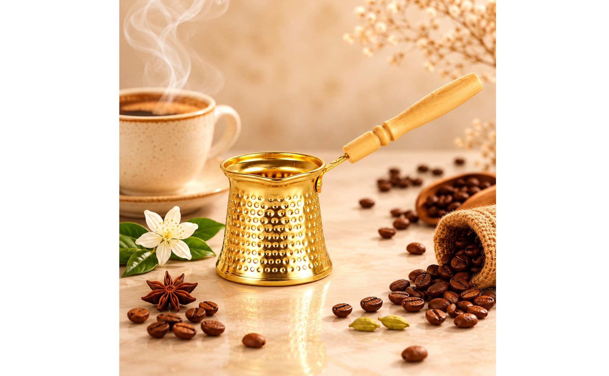 Ibrik mit Holzgriff gehämmert Türkische Kaffeekanne Konische Form