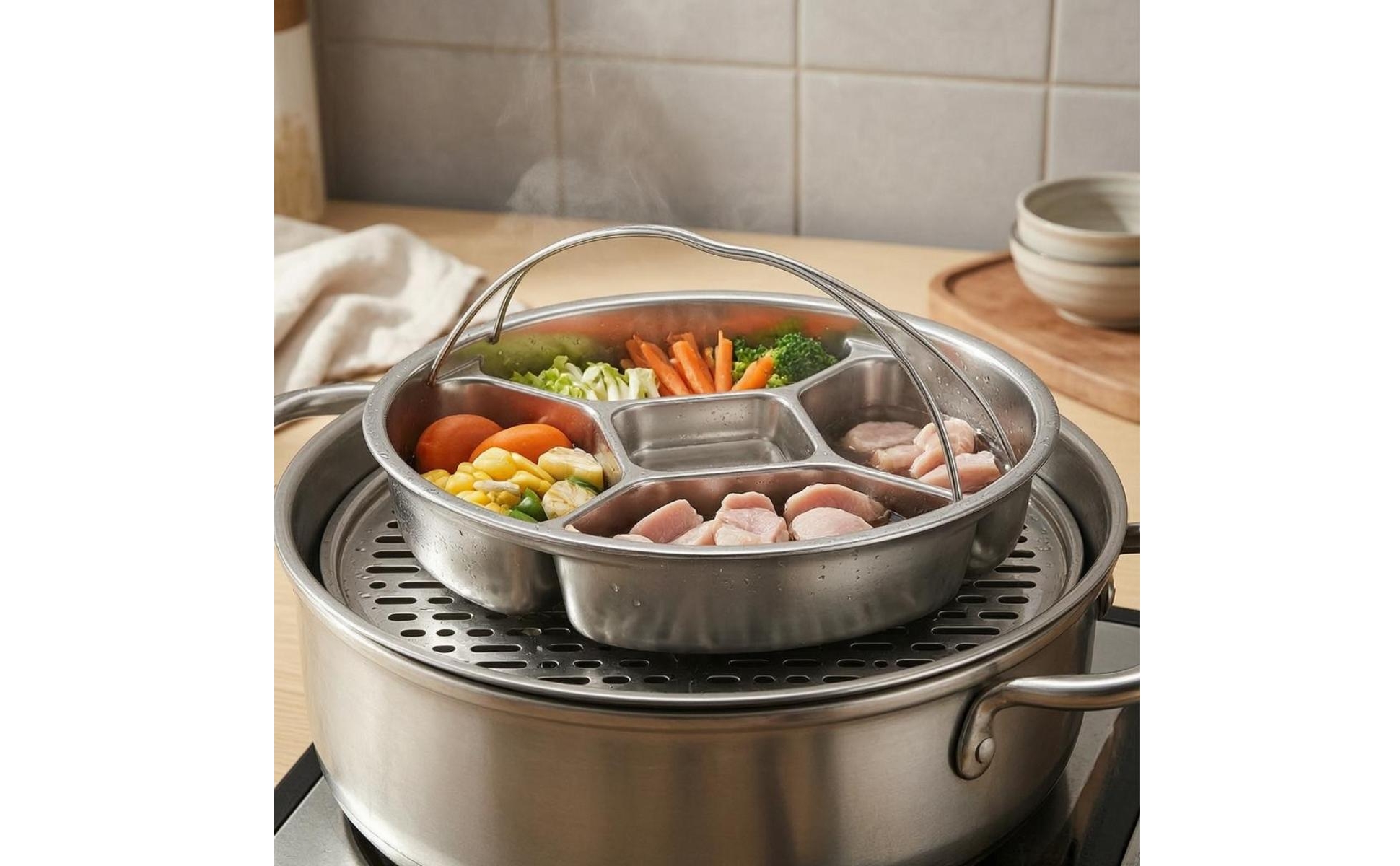 Compartmented Steaming Plate Raised Walls Stainless Steel Steaming Tray
