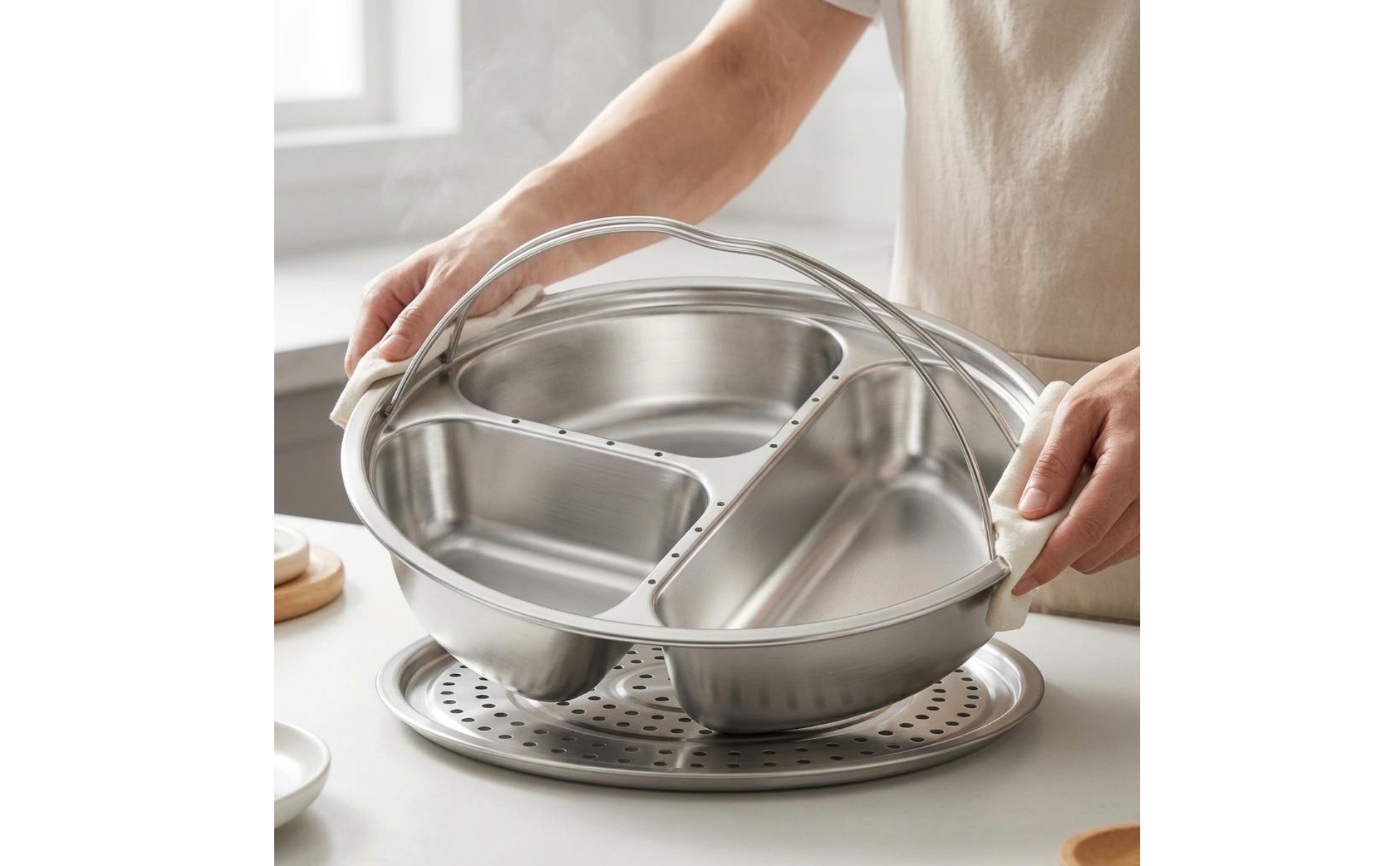 Compartmented Steaming Plate Raised Walls Stainless Steel Steaming Tray