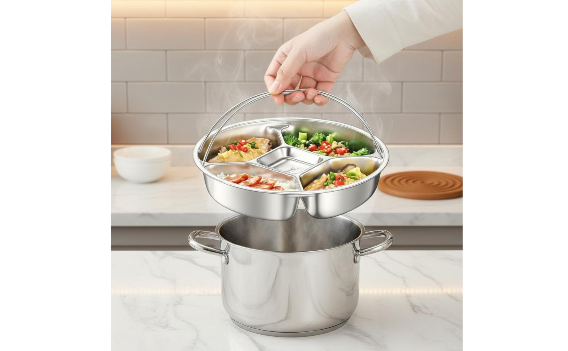 Compartmented Steaming Plate Raised Walls Stainless Steel Steaming Tray