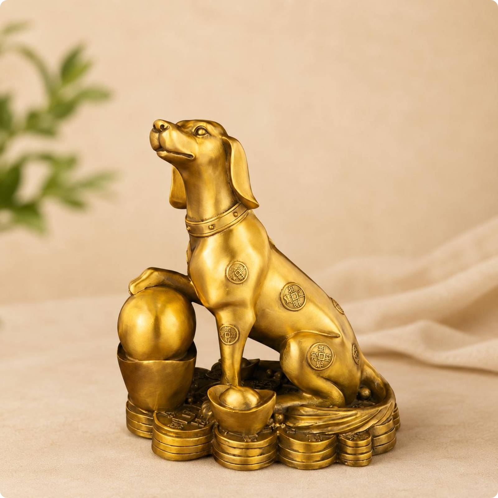 Hundfigur mit Münzsockel dekorativ Hundfigur mit goldfinish glänzend für