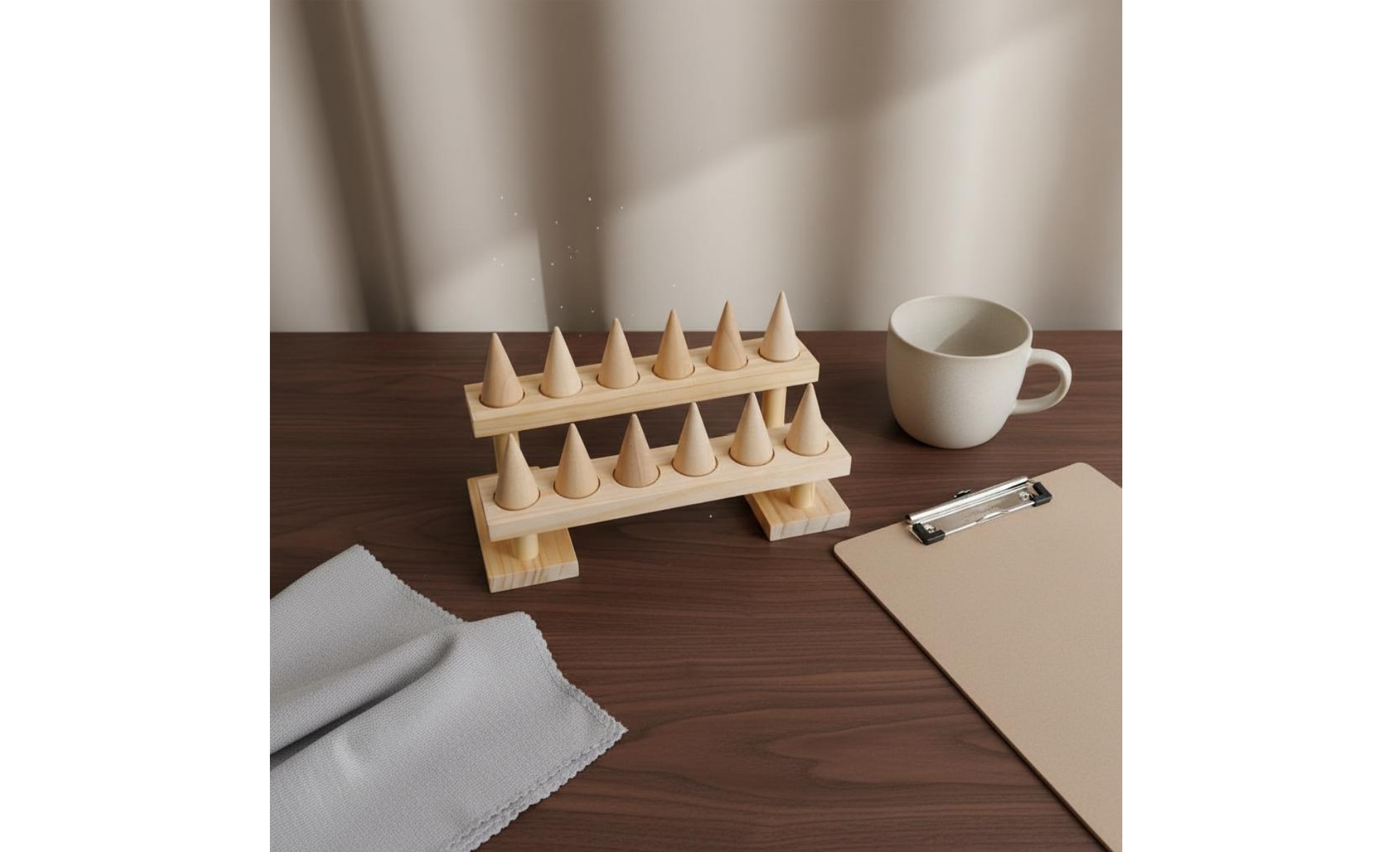 Holzkegel-Ringständer minimalistisch Kegel-Ringdisplay aus Holz für Live-Verkauf