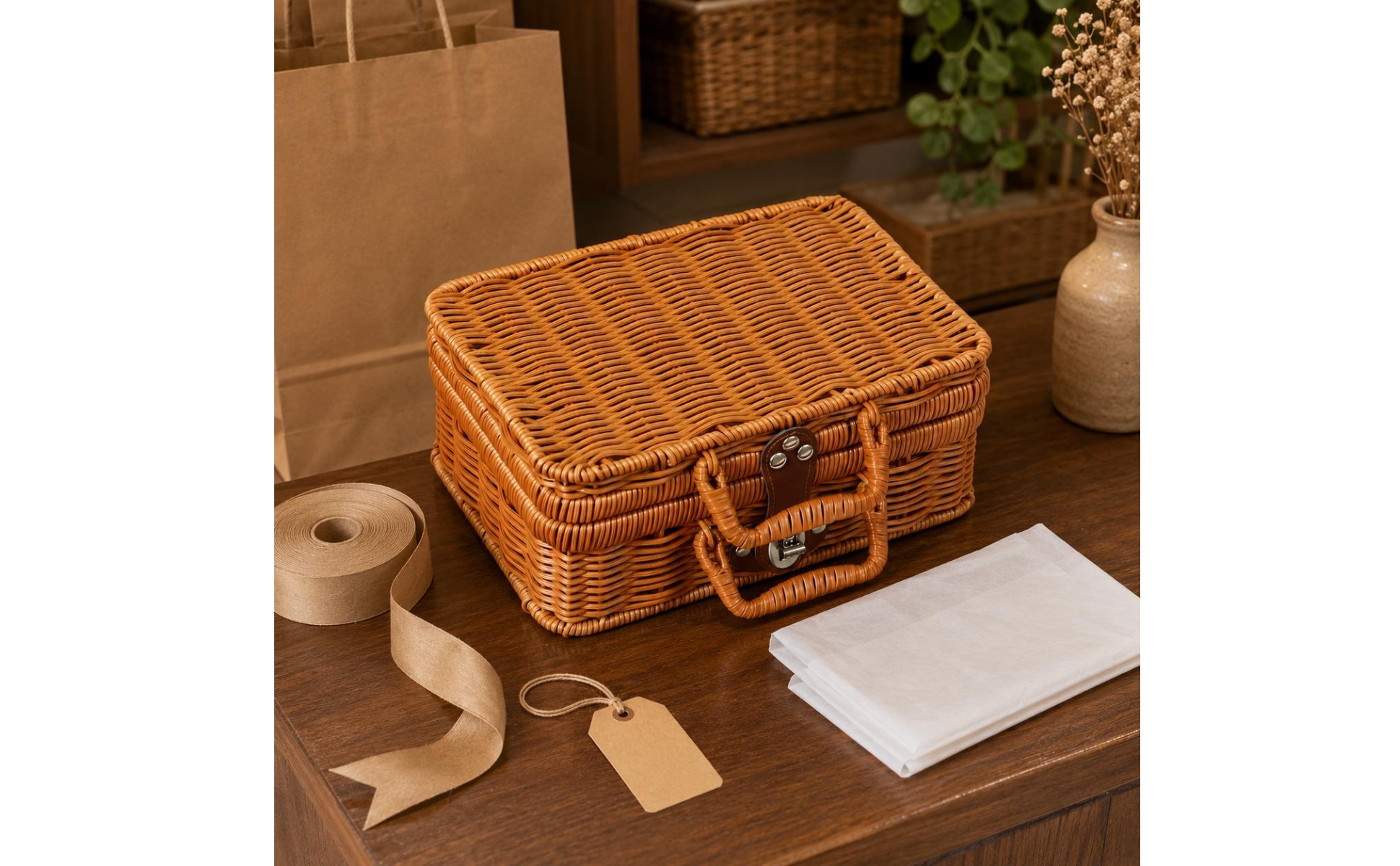 Kofferform-Box Handgeflochten Geflochtene Aufbewahrungsbox Beige