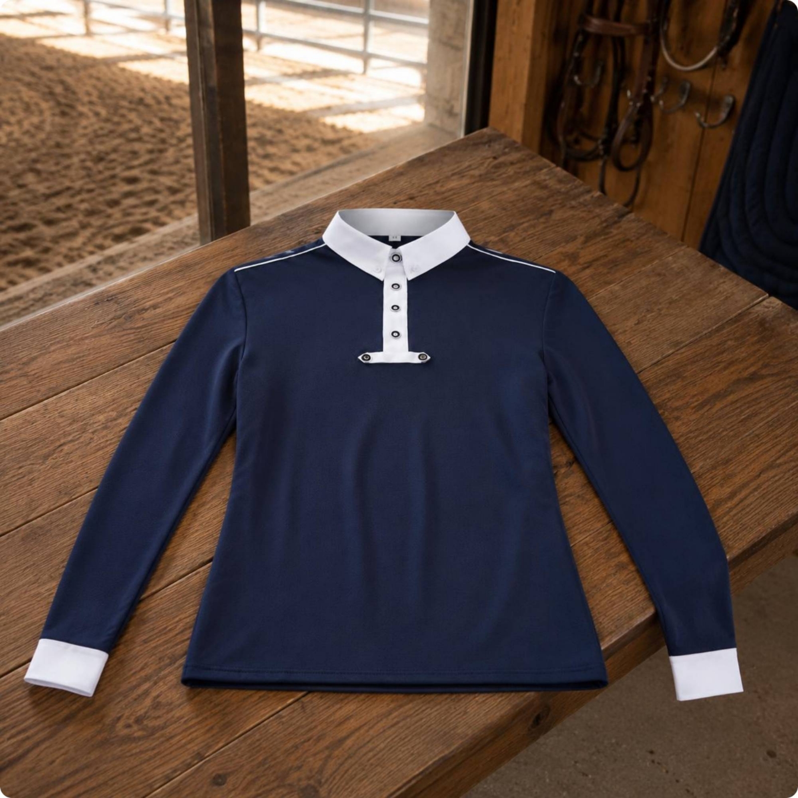 Reitsport Poloshirt Schulterpaspel Langarm Reitshirt sportlich