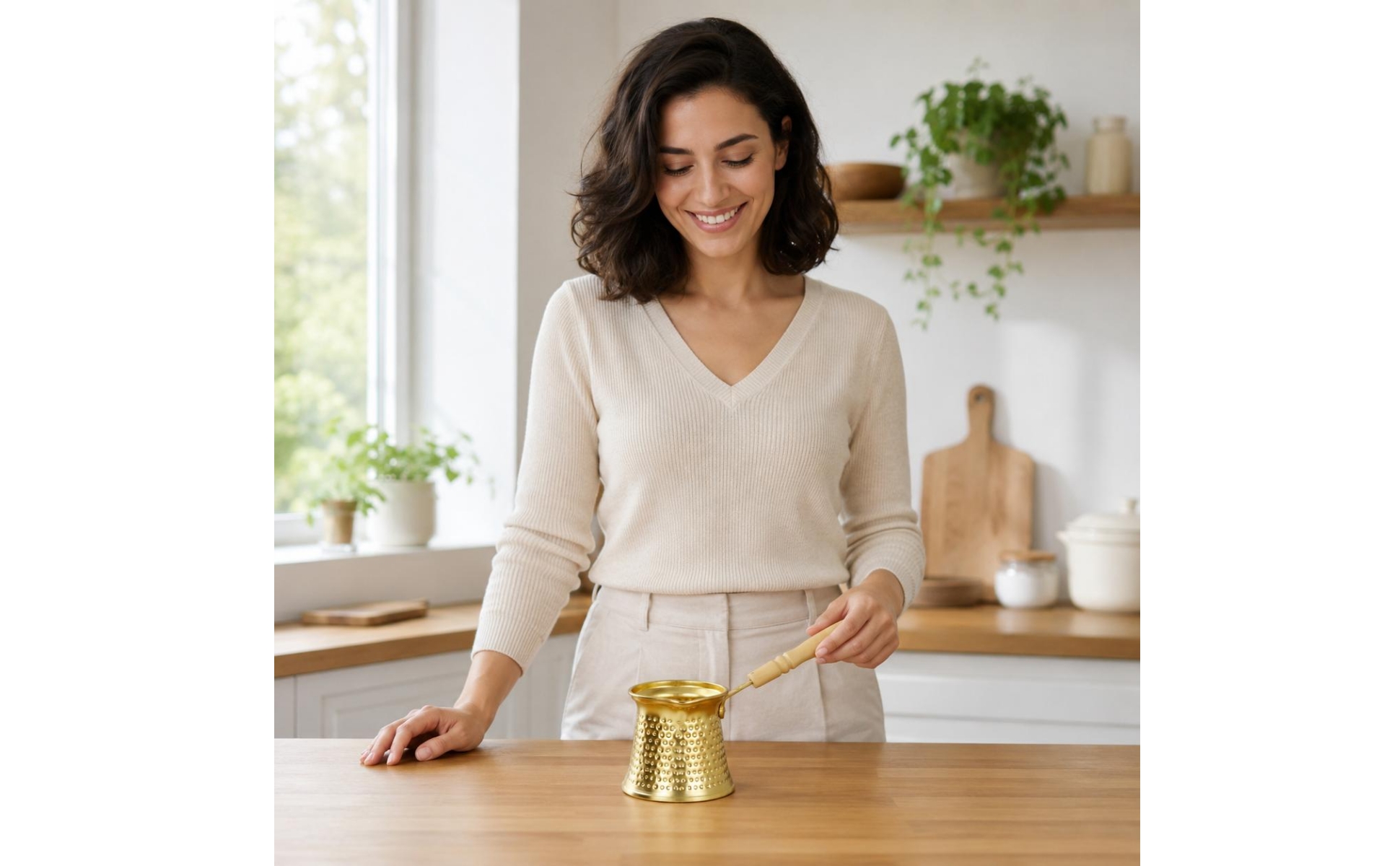 Ibrik mit Holzgriff gehämmert Türkische Kaffeekanne Konische Form