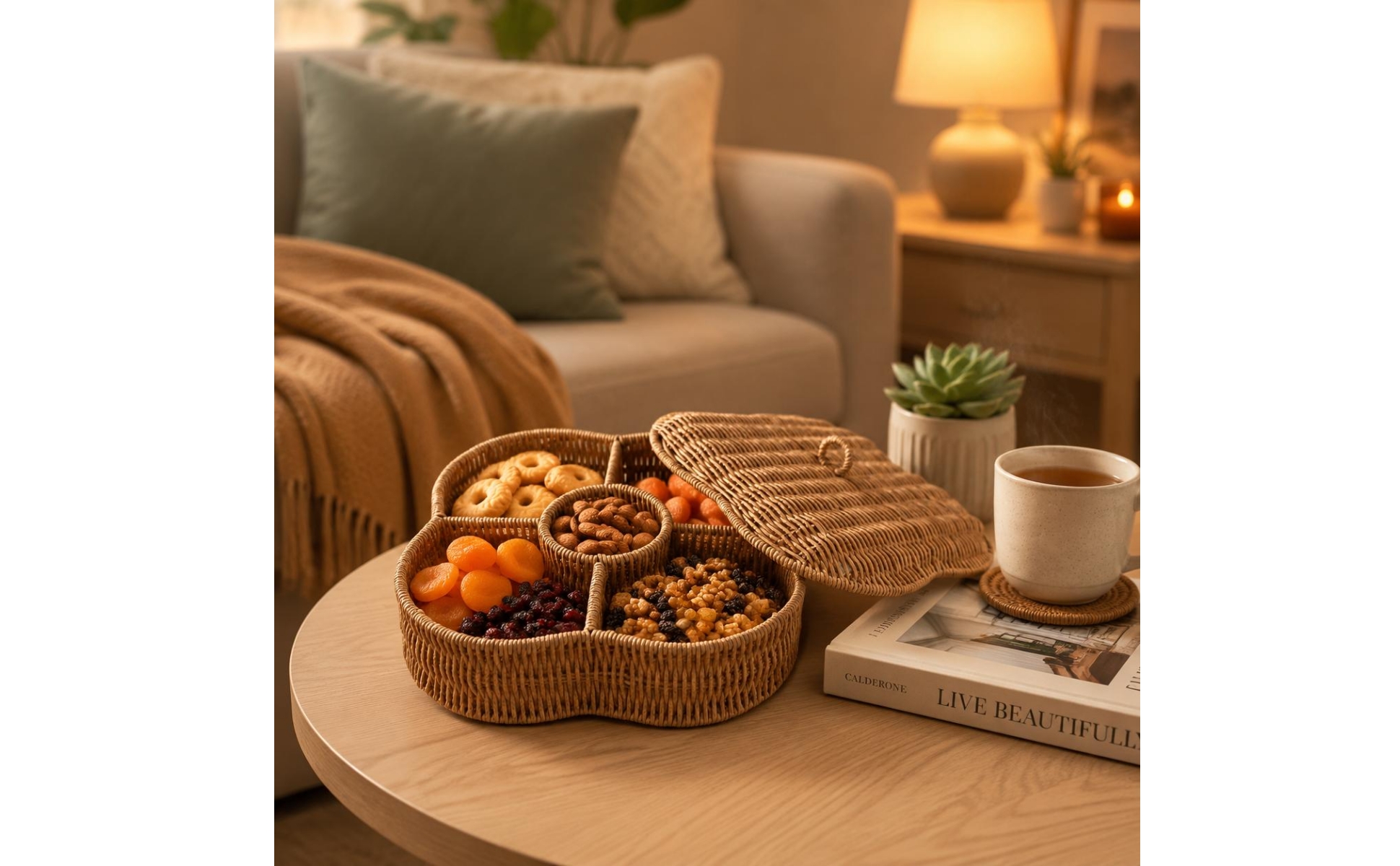 Divided Serving Tray Segmented Design Divided Snack Basket Stackable Lid
