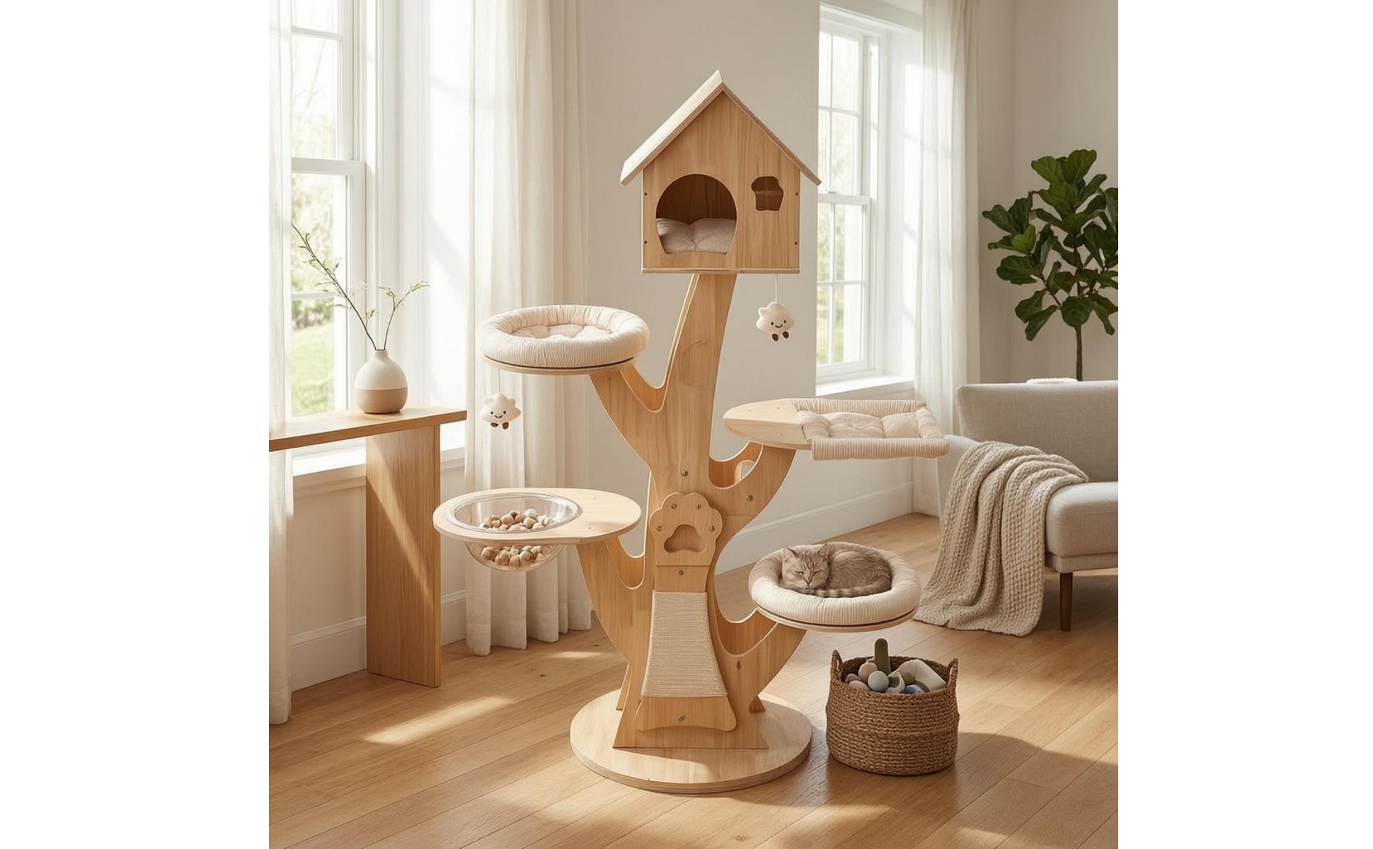 Treehouse Feline Structure Hanging Nest Wooden Feline Tree Multi Platform