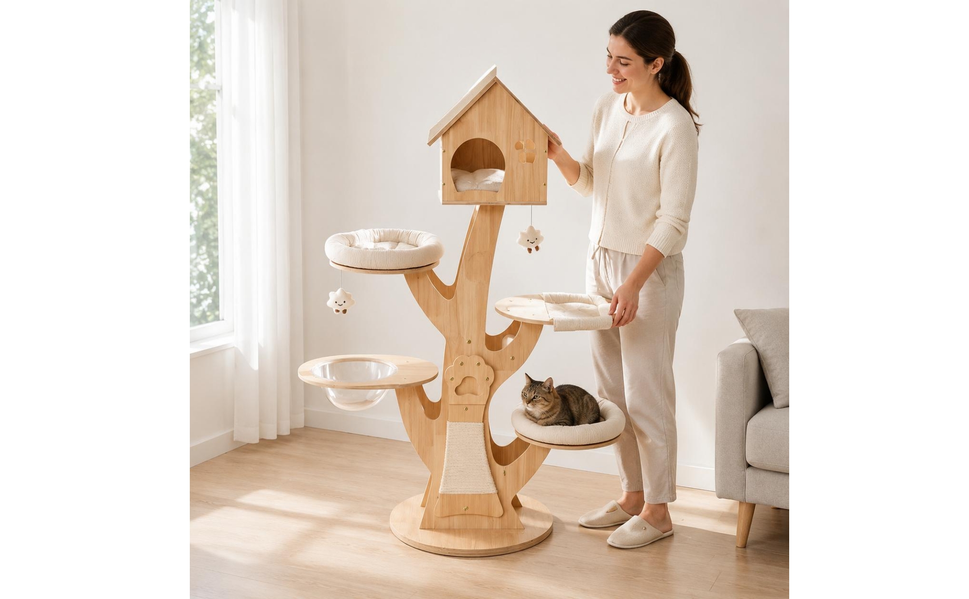Treehouse Feline Structure Hanging Nest Wooden Feline Tree Multi Platform