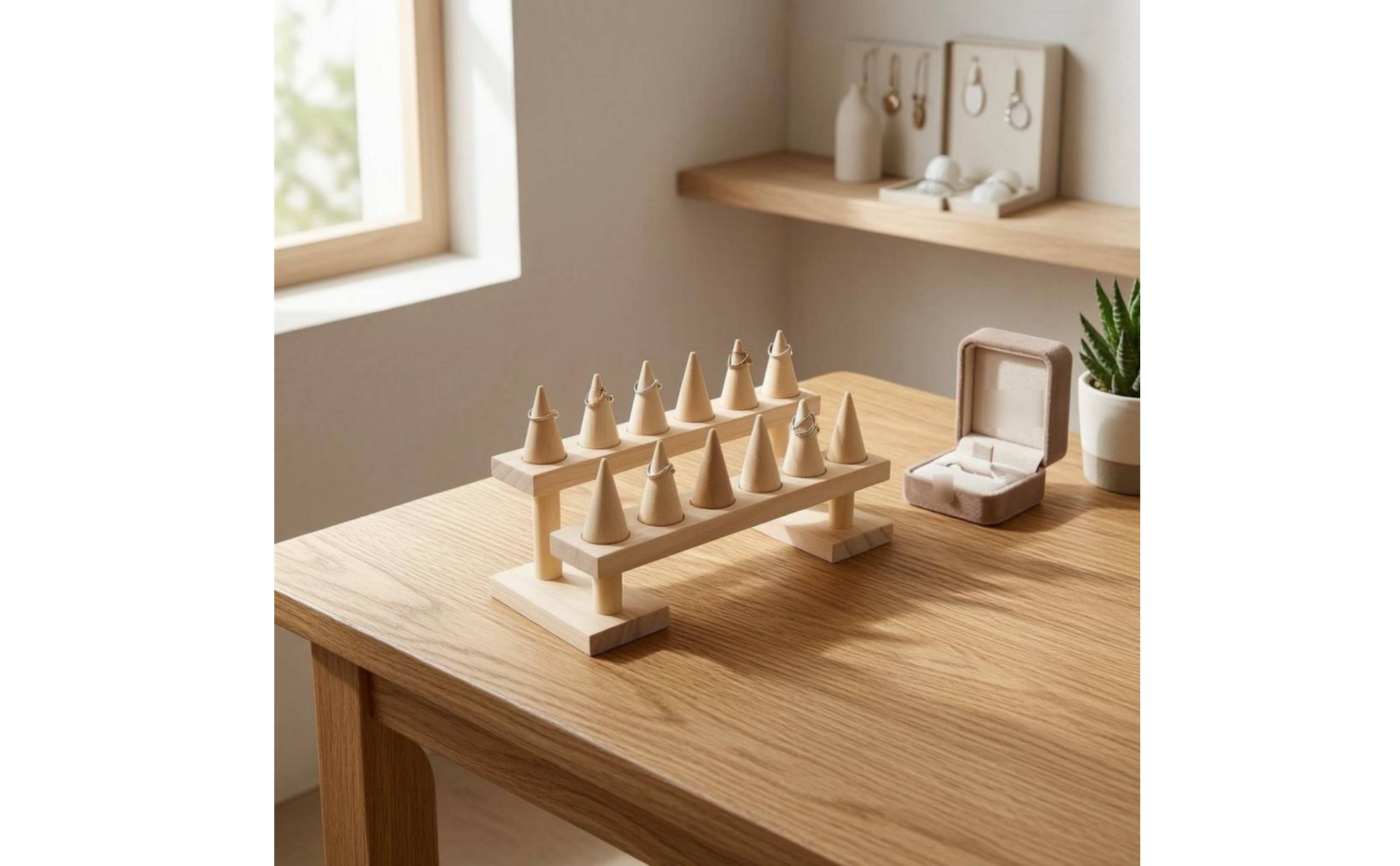 Holzkegel-Ringständer minimalistisch Kegel-Ringdisplay aus Holz für Live-Verkauf