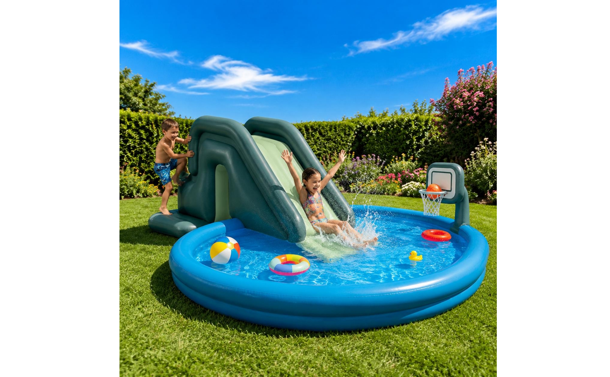 Inflatable Slide Foot Pump Included Kids Slide with Guardrail Wide Design