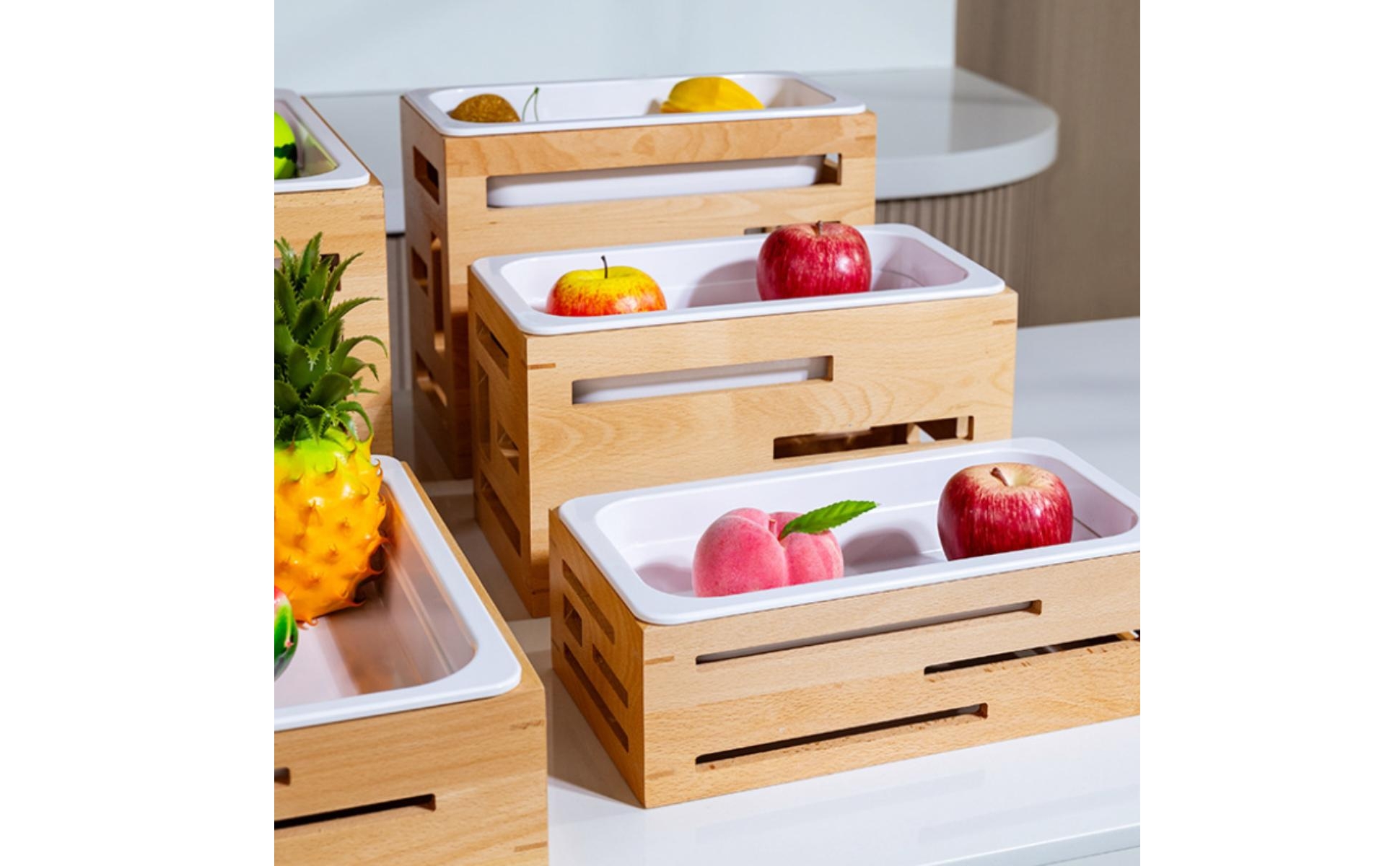 Display Tray Stand Faux-Porcelain Wood Tray Stand White Insert for Salad Dining