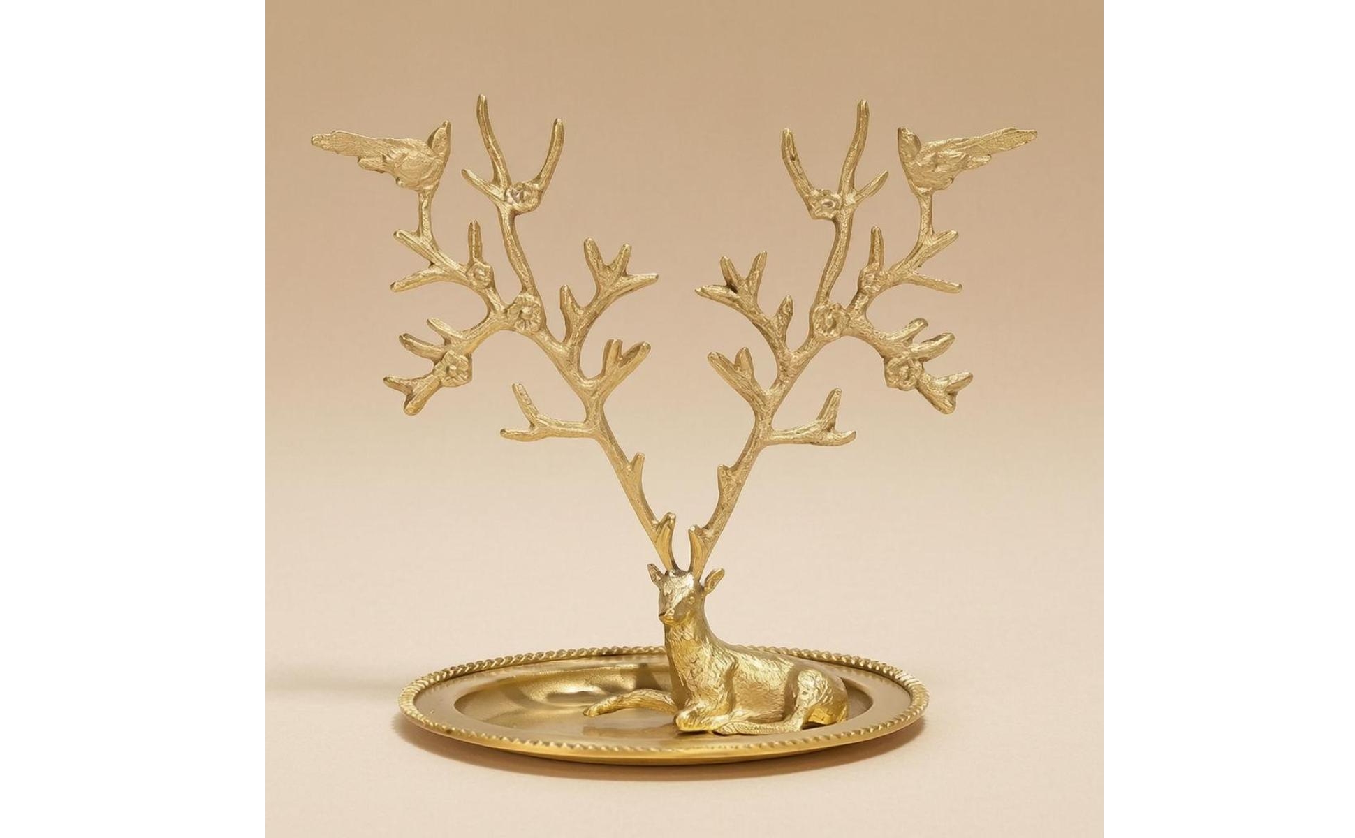 Deer Horn-Shaped Jewelry Stand Gold-Tone Horn-Shaped Jewelry Tray Ridged Rim