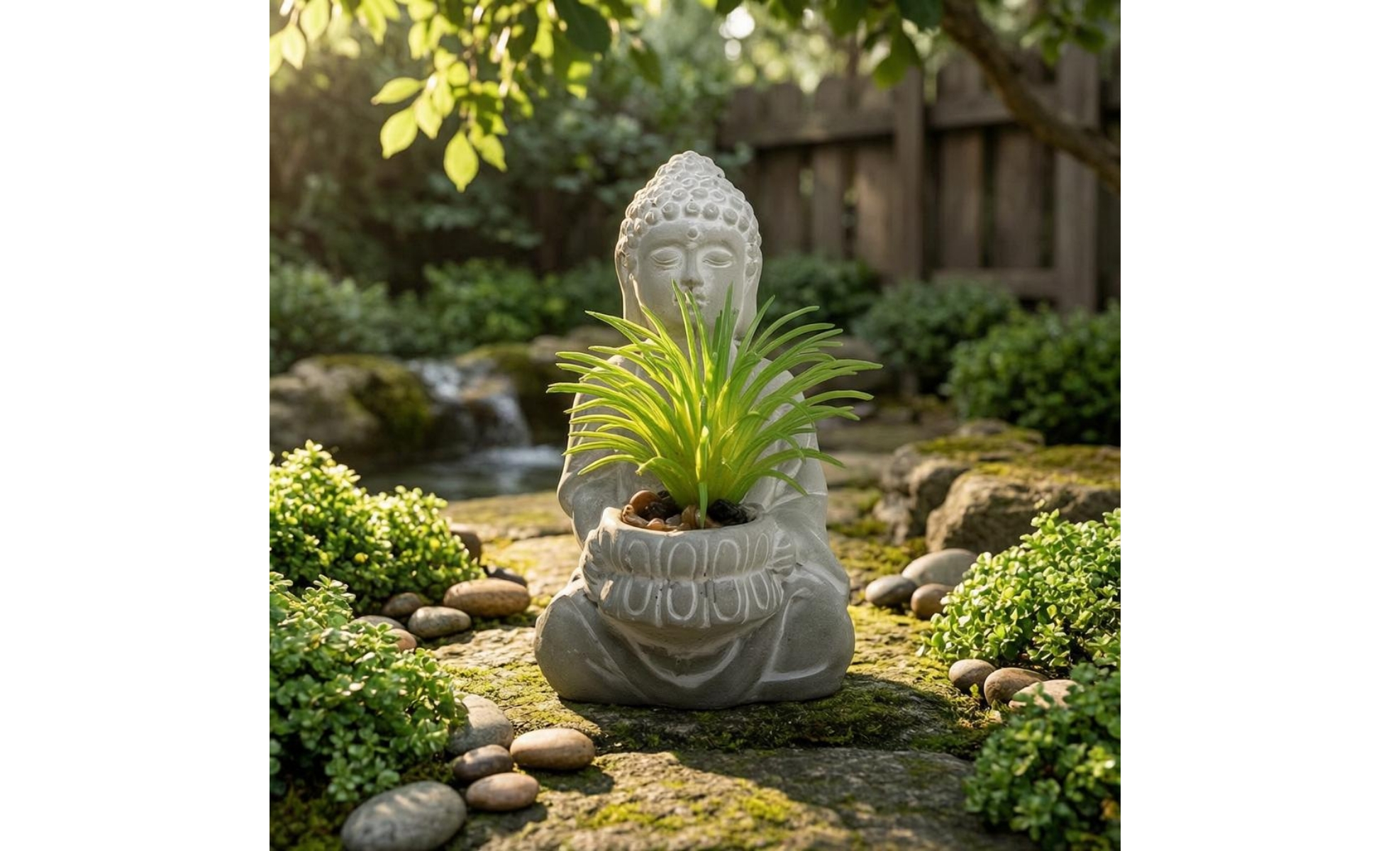 Seated Buddha Planter Stone-Like Finish Buddha Planter Figurine Floral Relief