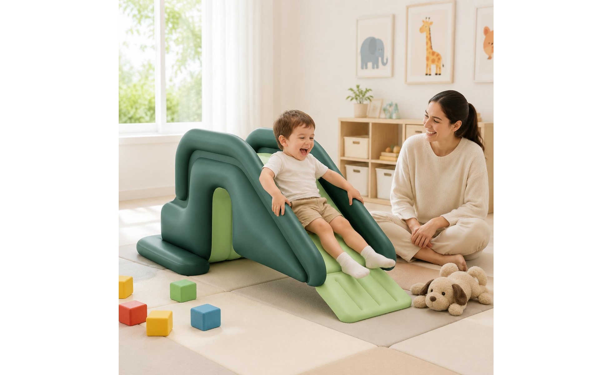 Inflatable Slide Foot Pump Included Kids Slide with Guardrail Wide Design