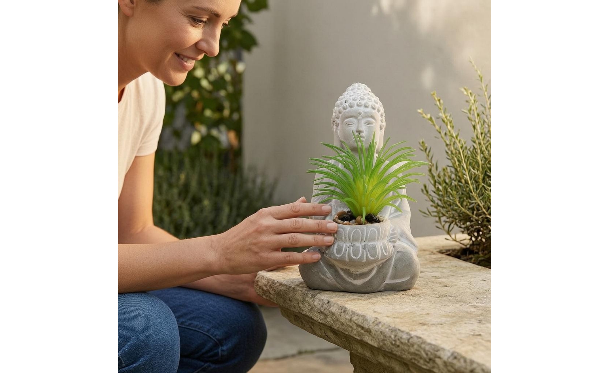 Seated Buddha Planter Stone-Like Finish Buddha Planter Figurine Floral Relief