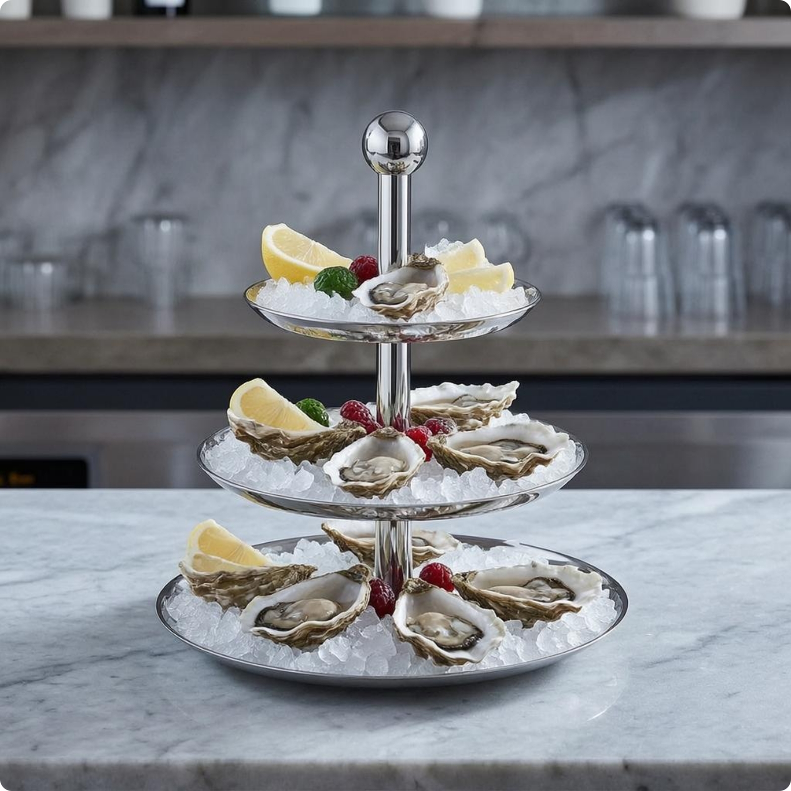 Mirrored Tray Stand Polished Silver Stainless Steel Serving Stand Central Post