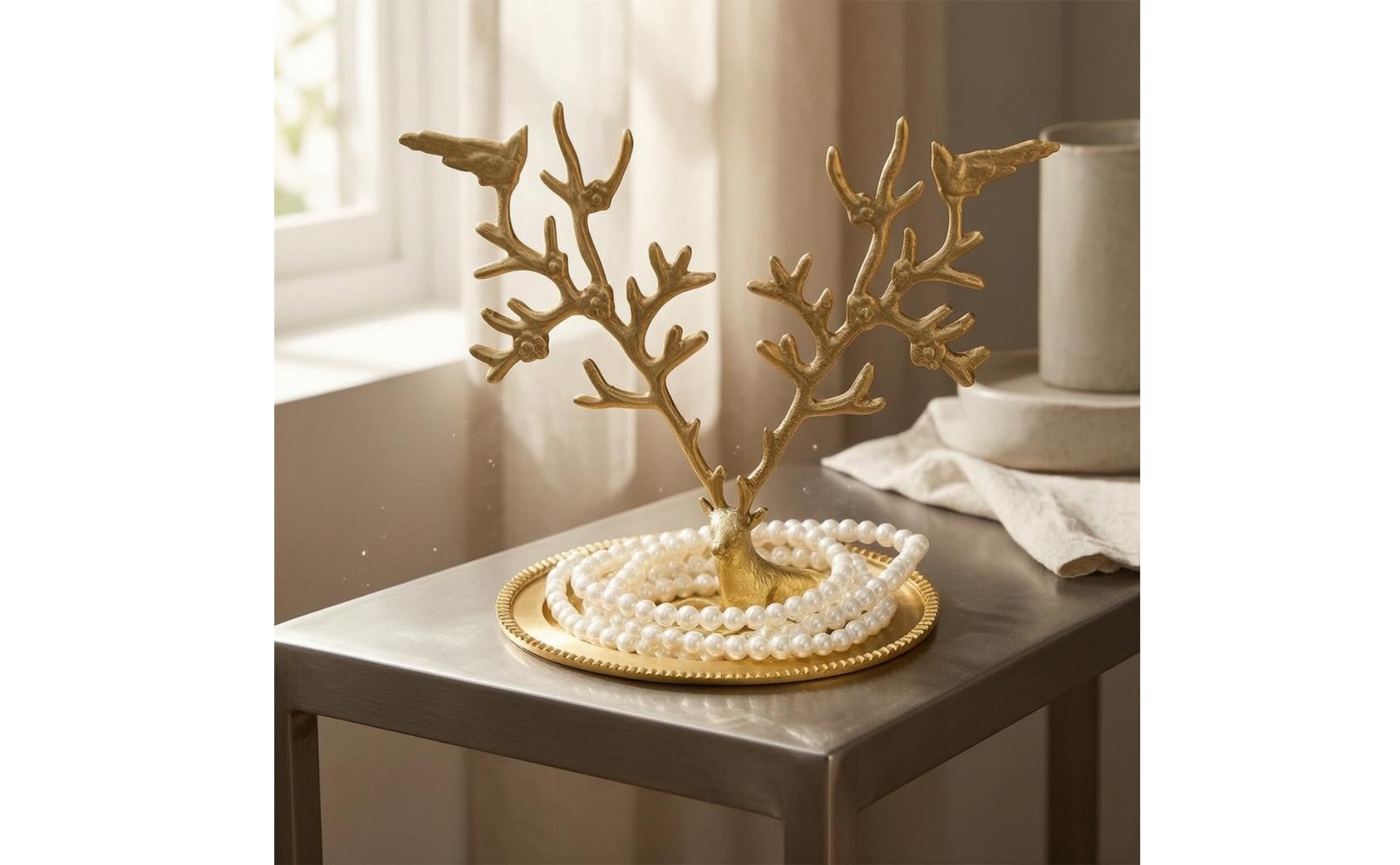Deer Horn-Shaped Jewelry Stand Gold-Tone Horn-Shaped Jewelry Tray Ridged Rim