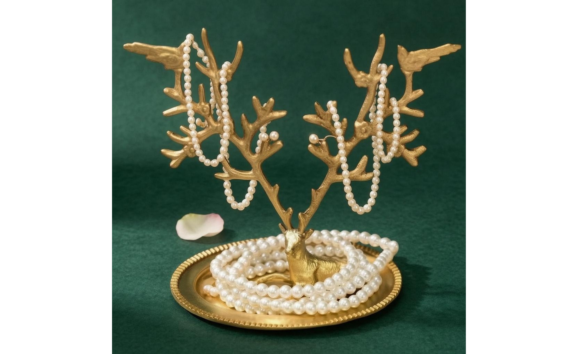 Deer Horn-Shaped Jewelry Stand Gold-Tone Horn-Shaped Jewelry Tray Ridged Rim