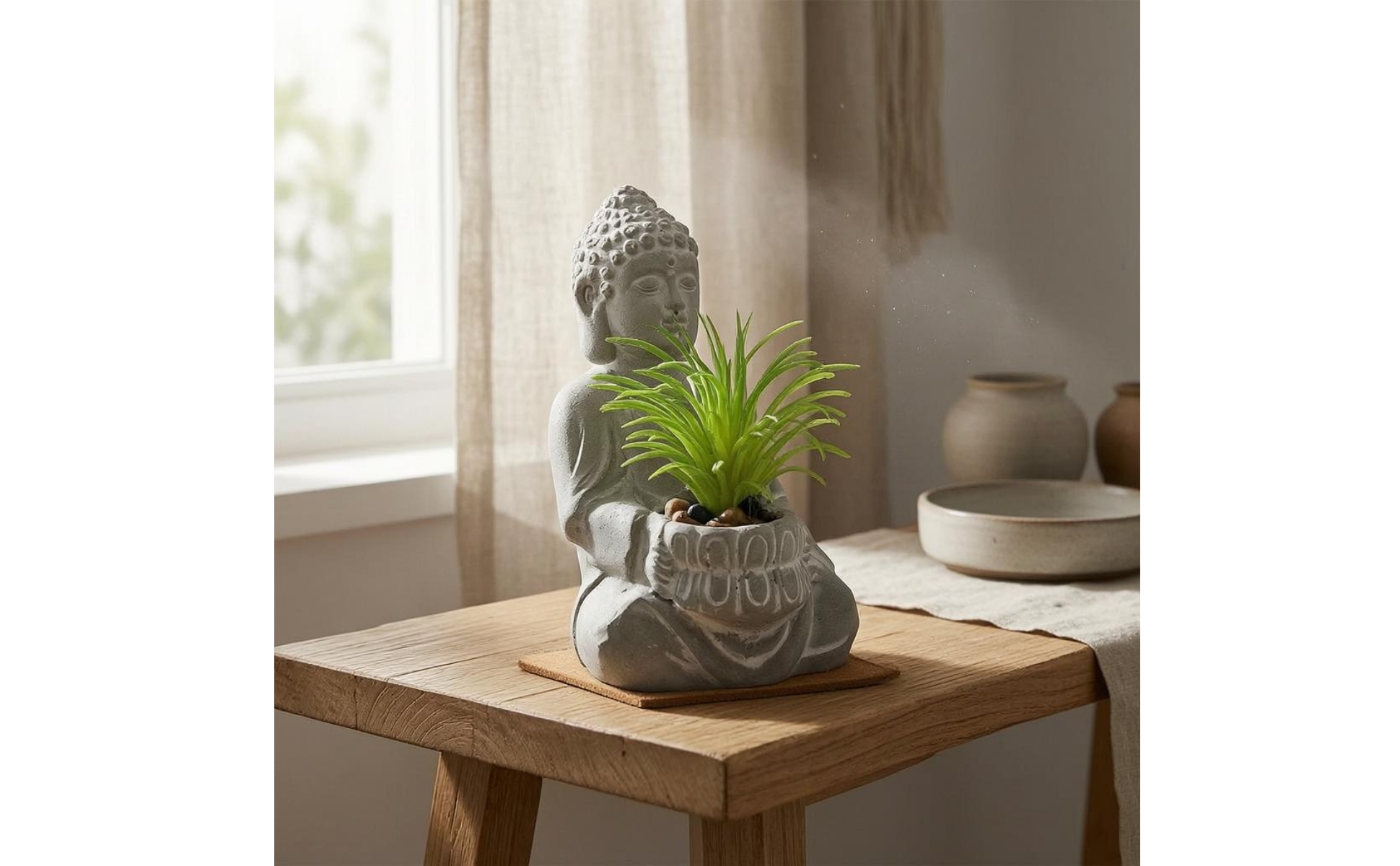 Seated Buddha Planter Stone-Like Finish Buddha Planter Figurine Floral Relief