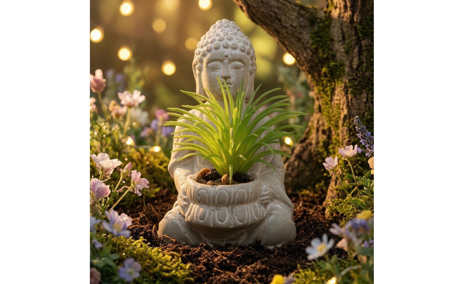 Seated Buddha Planter Stone-Like Finish Buddha Planter Figurine Floral Relief