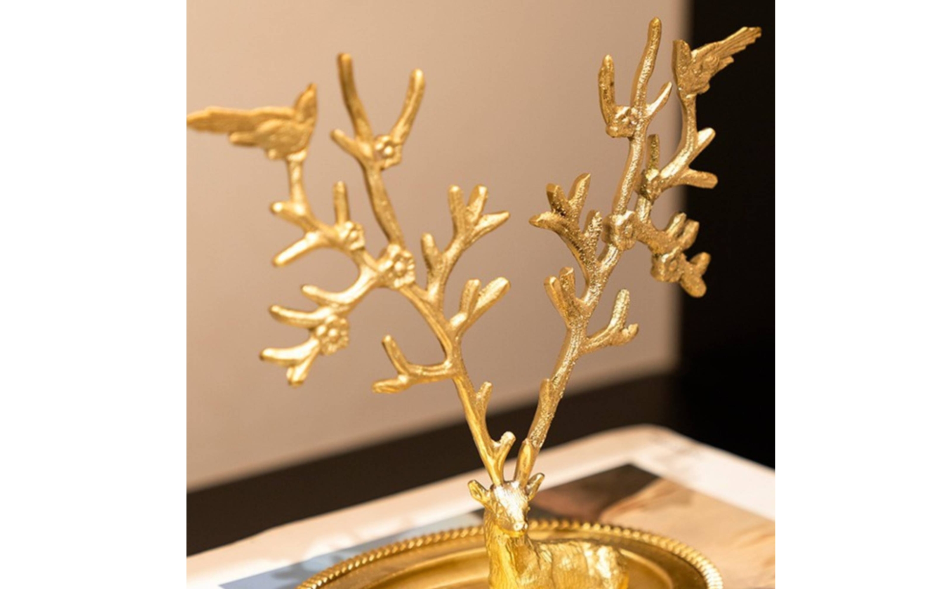 Deer Horn-Shaped Jewelry Stand Gold-Tone Horn-Shaped Jewelry Tray Ridged Rim