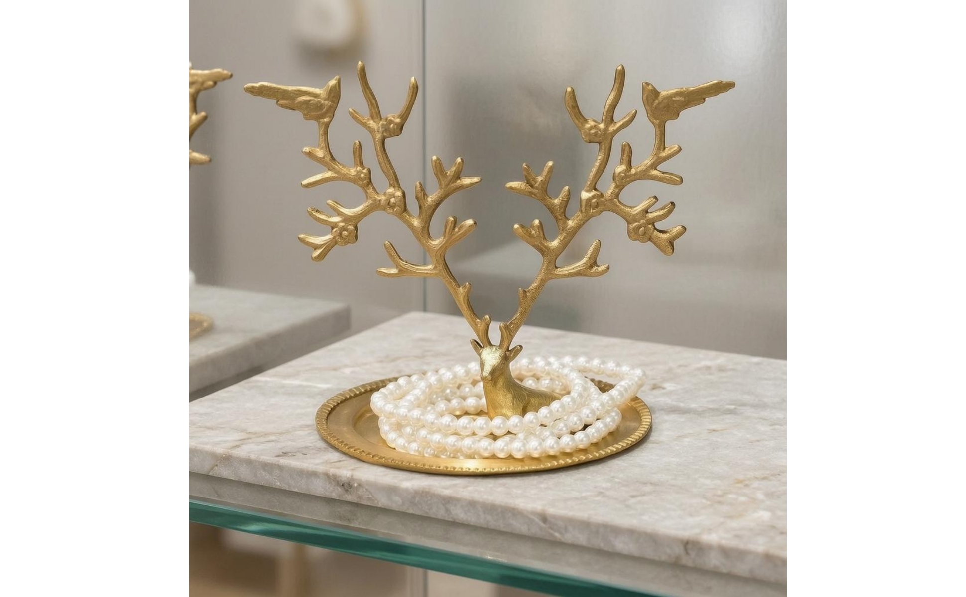 Deer Horn-Shaped Jewelry Stand Gold-Tone Horn-Shaped Jewelry Tray Ridged Rim