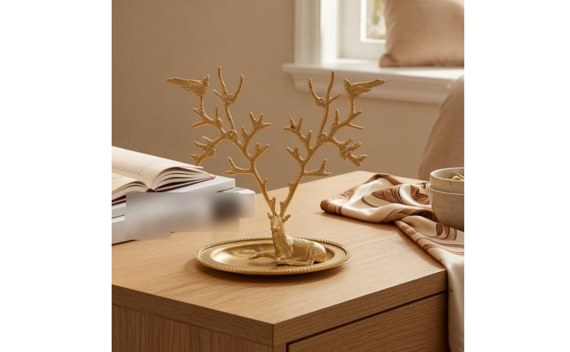Deer Horn-Shaped Jewelry Stand Gold-Tone Horn-Shaped Jewelry Tray Ridged Rim