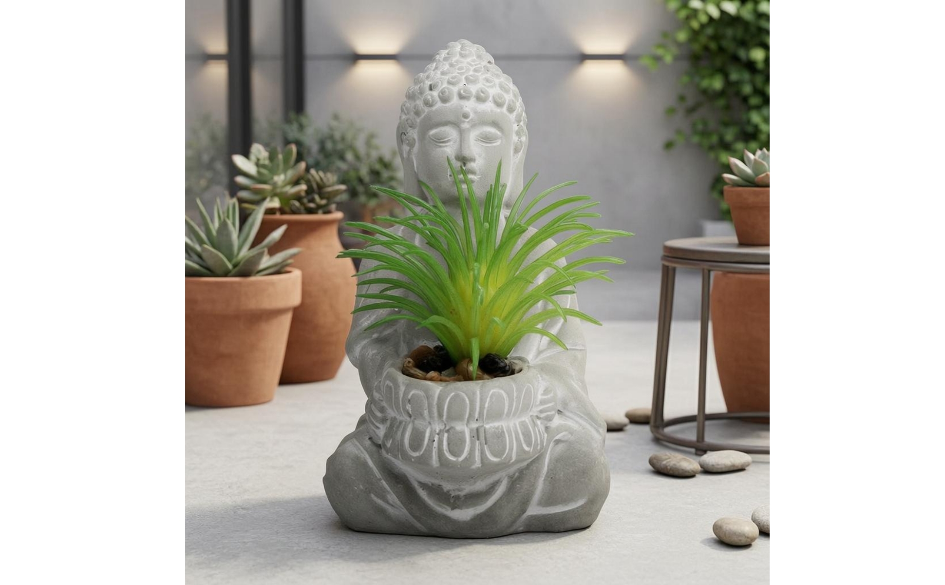 Seated Buddha Planter Stone-Like Finish Buddha Planter Figurine Floral Relief