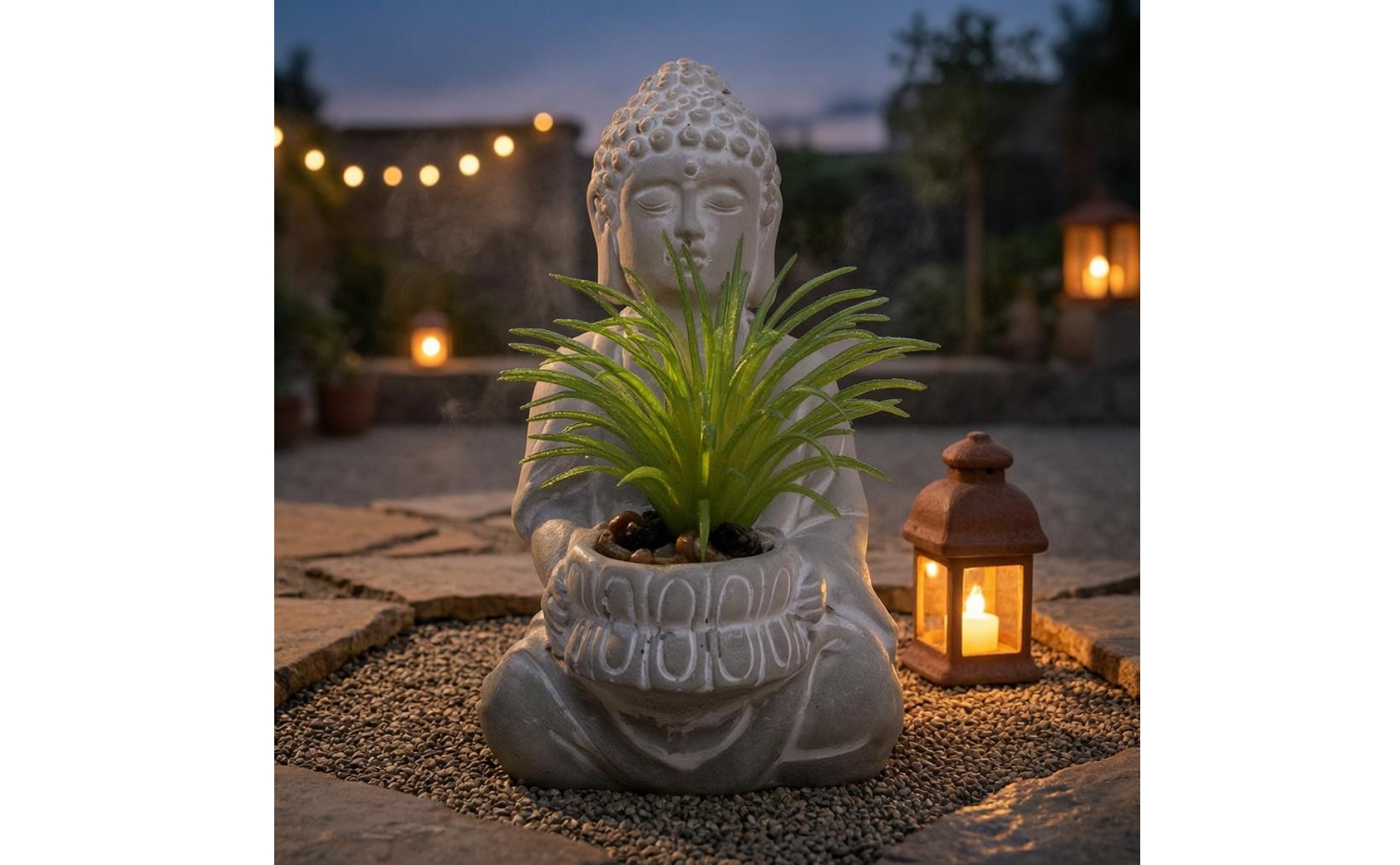 Seated Buddha Planter Stone-Like Finish Buddha Planter Figurine Floral Relief