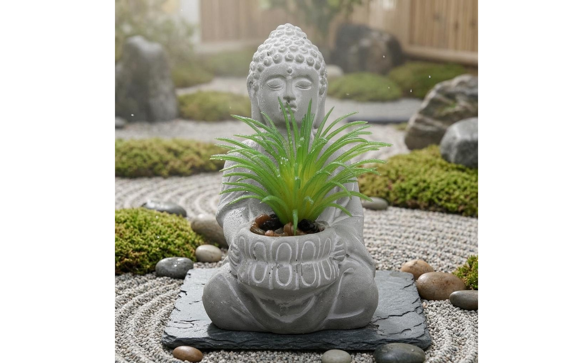 Seated Buddha Planter Stone-Like Finish Buddha Planter Figurine Floral Relief