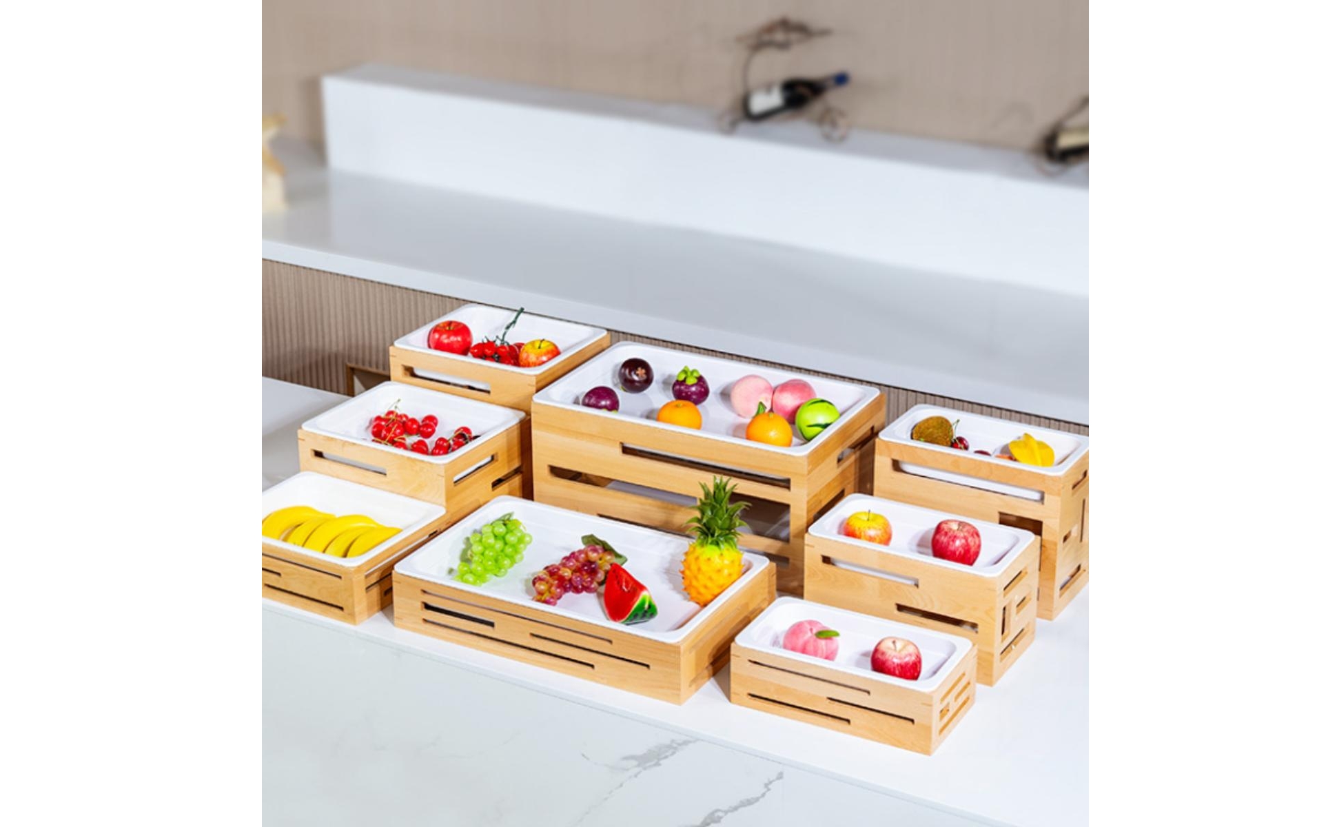 Display Tray Stand Faux-Porcelain Wood Tray Stand White Insert for Salad Dining