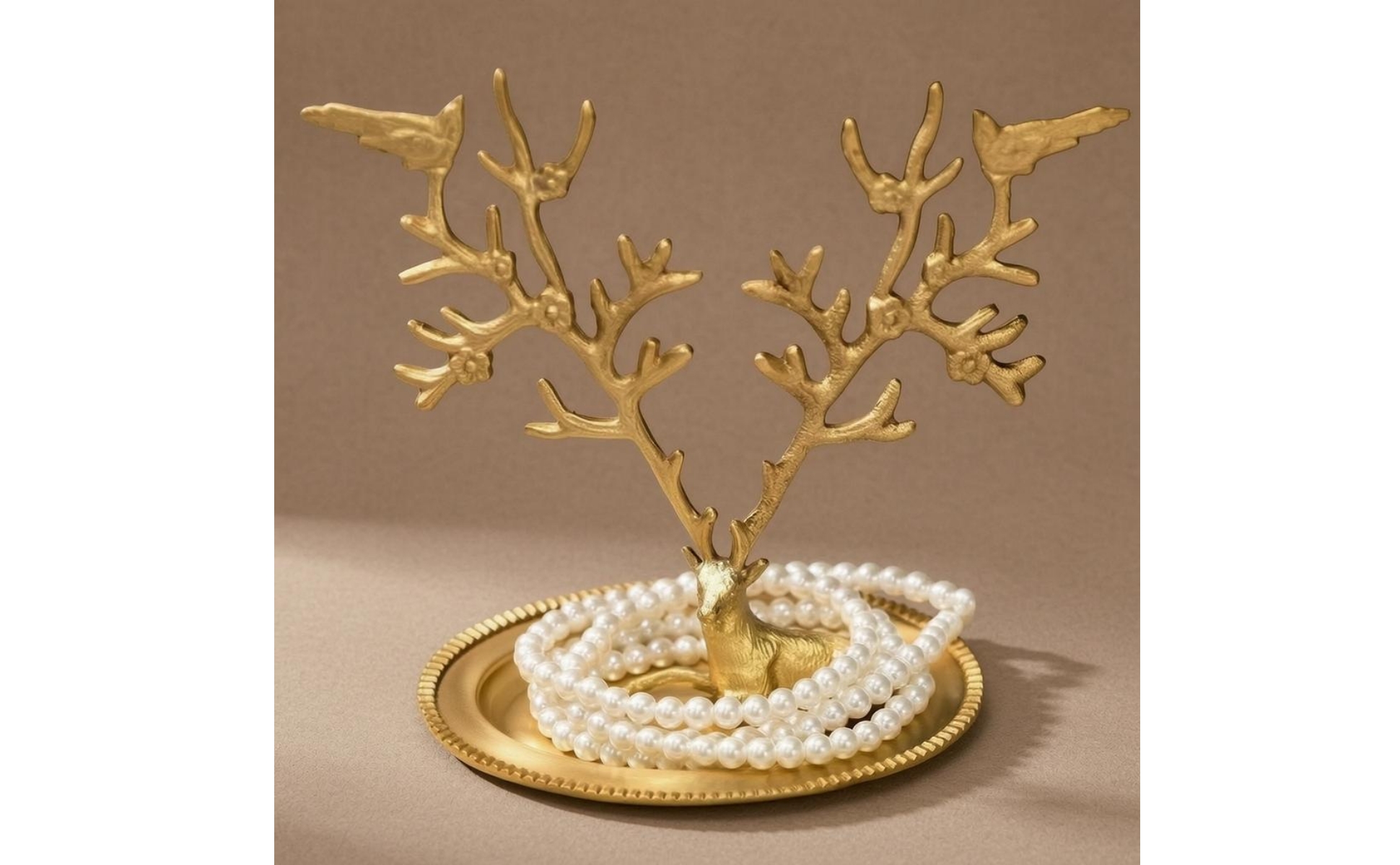 Deer Horn-Shaped Jewelry Stand Gold-Tone Horn-Shaped Jewelry Tray Ridged Rim