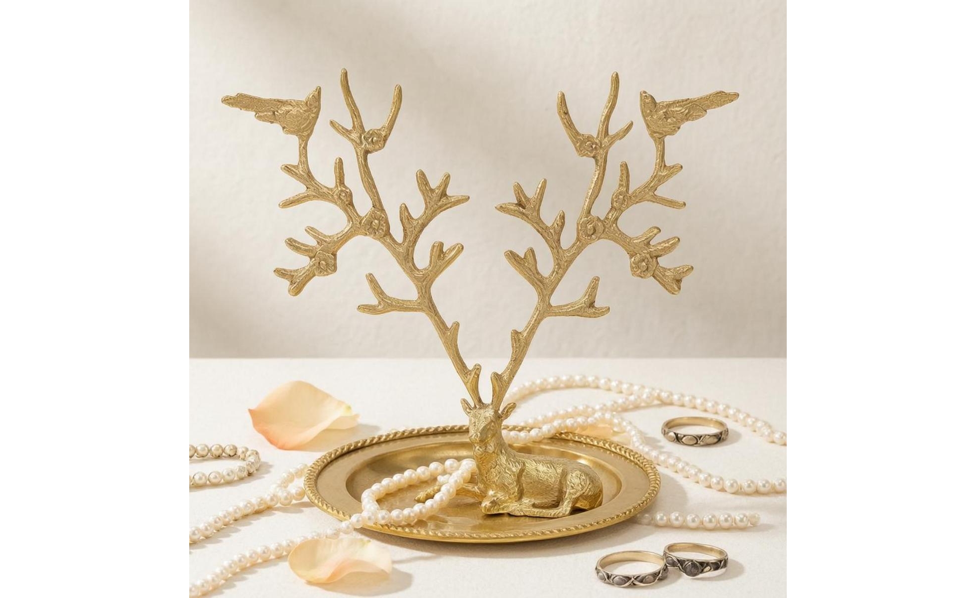 Deer Horn-Shaped Jewelry Stand Gold-Tone Horn-Shaped Jewelry Tray Ridged Rim