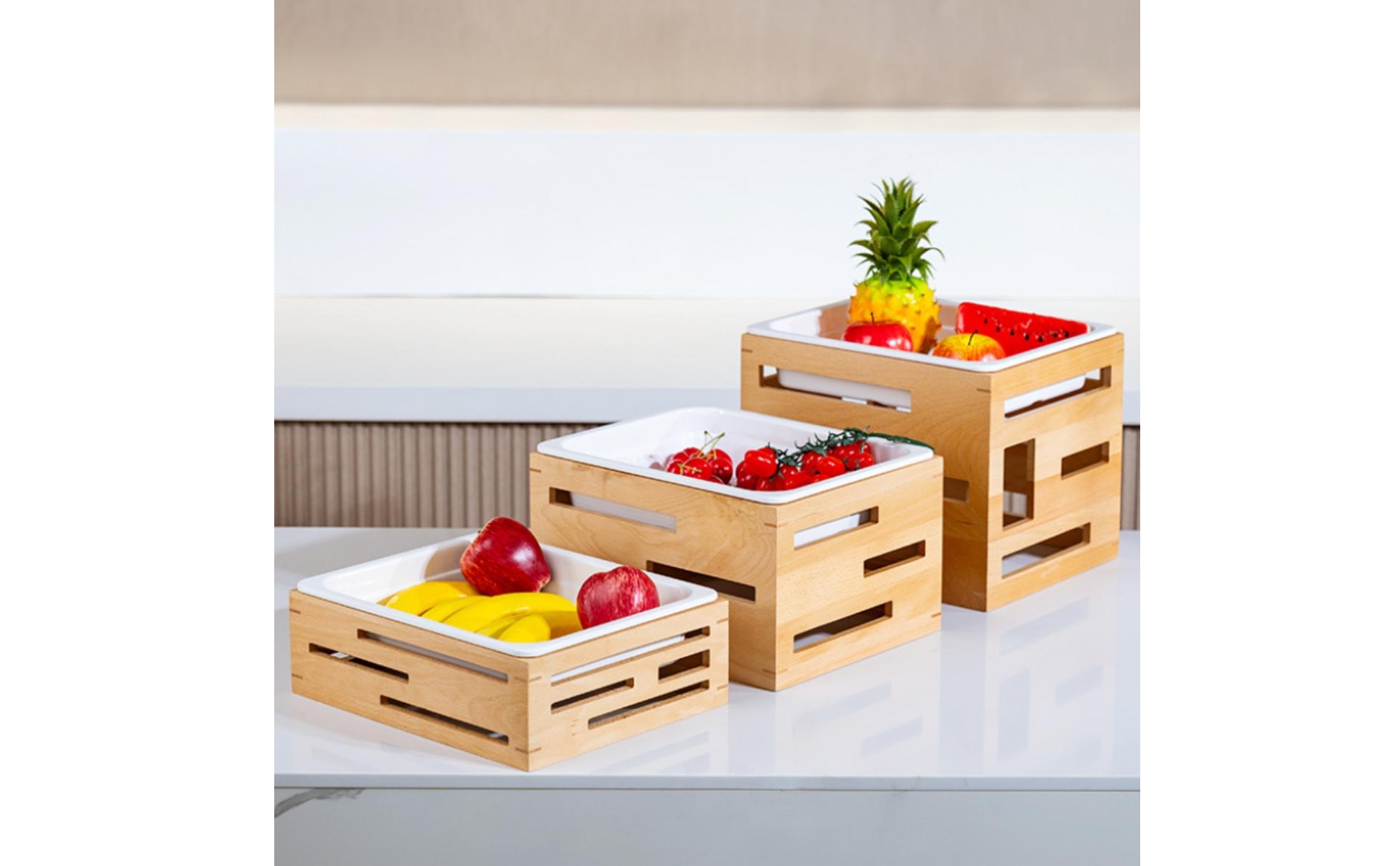 Display Tray Stand Faux-Porcelain Wood Tray Stand White Insert for Salad Dining