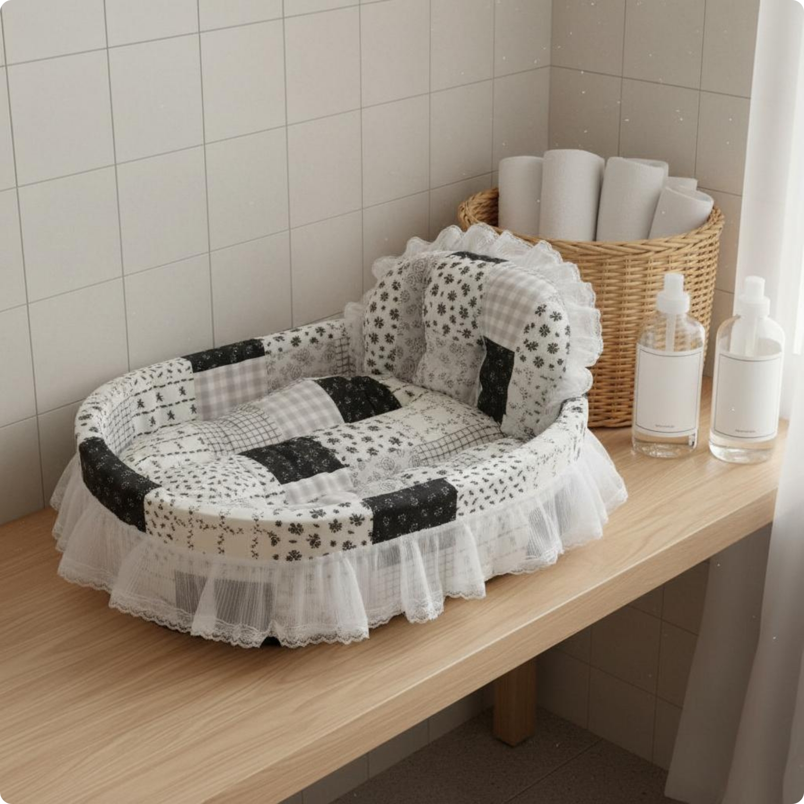 Boat-Shaped Pet Bed Patchwork Design Raised Edge Pet Bed Padded