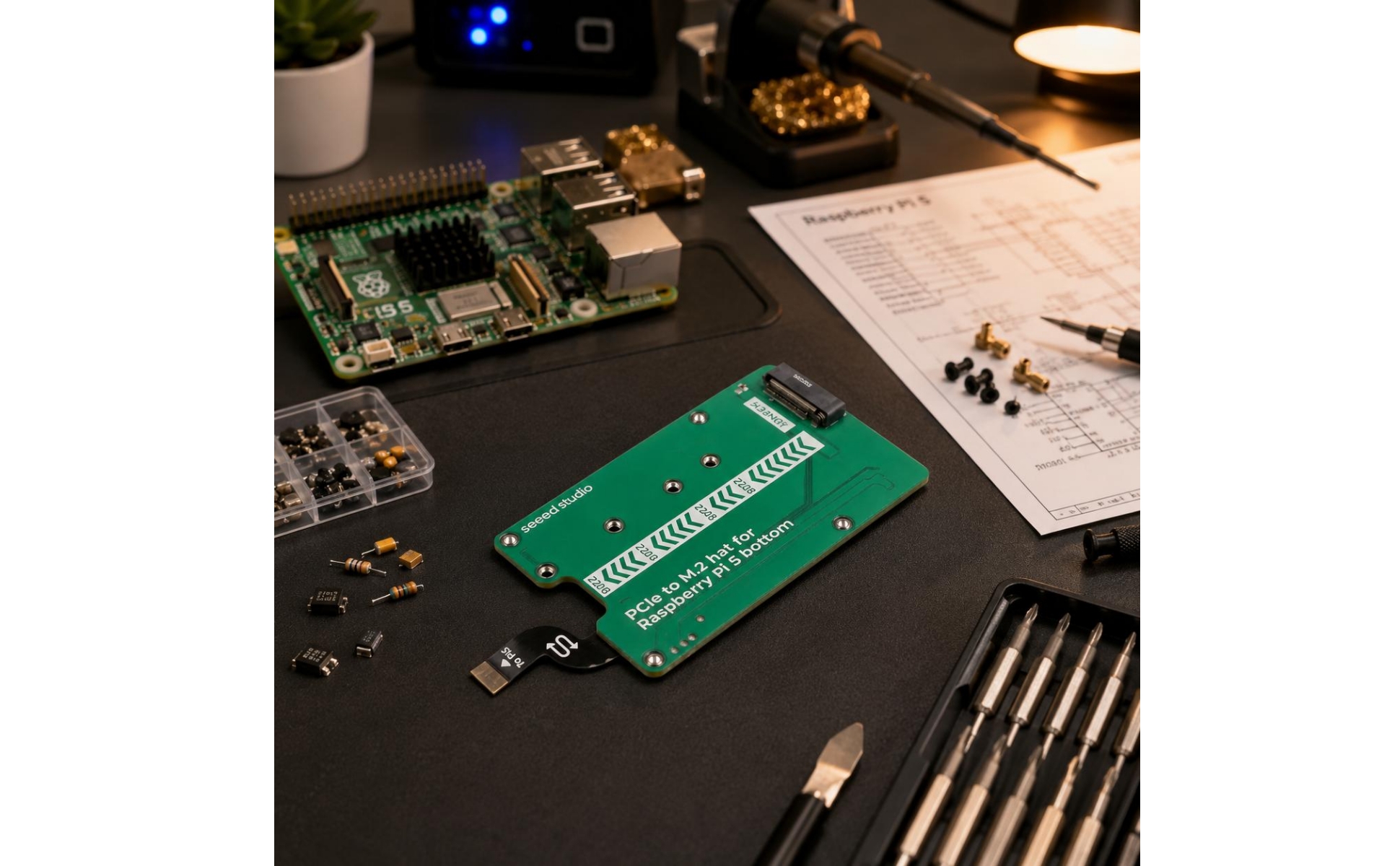 Single-Board Computer Pi 5 NVMe HAT Alignment Markings PCIe to M.2 Adapter Board