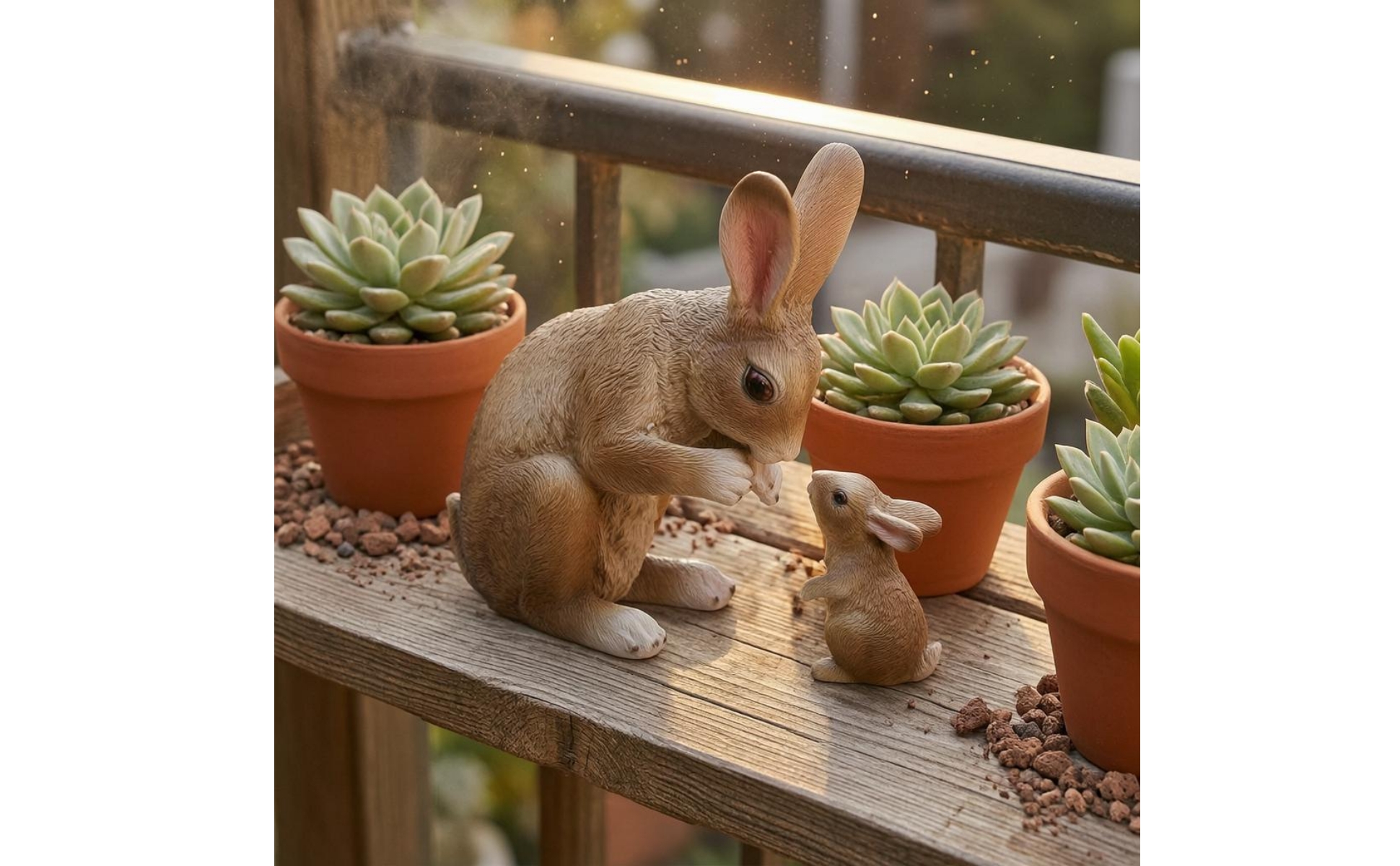 Mother and Baby Bunny Statue Molded Texture Two Rabbit Figurine for Balcony