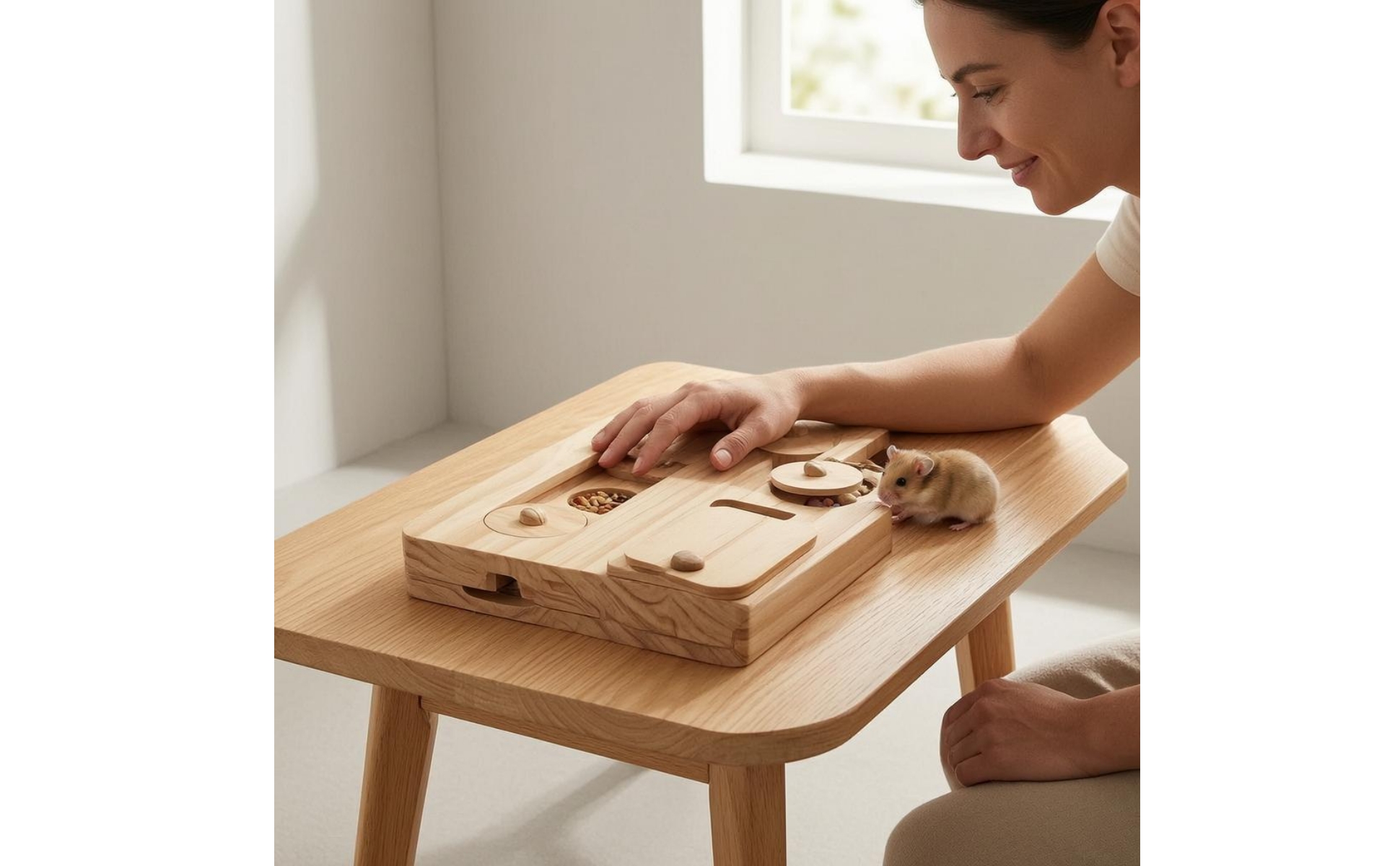 Small-Pet Foraging Tray Recessed Compartments Wooden Brain-Teaser Feeder Natural