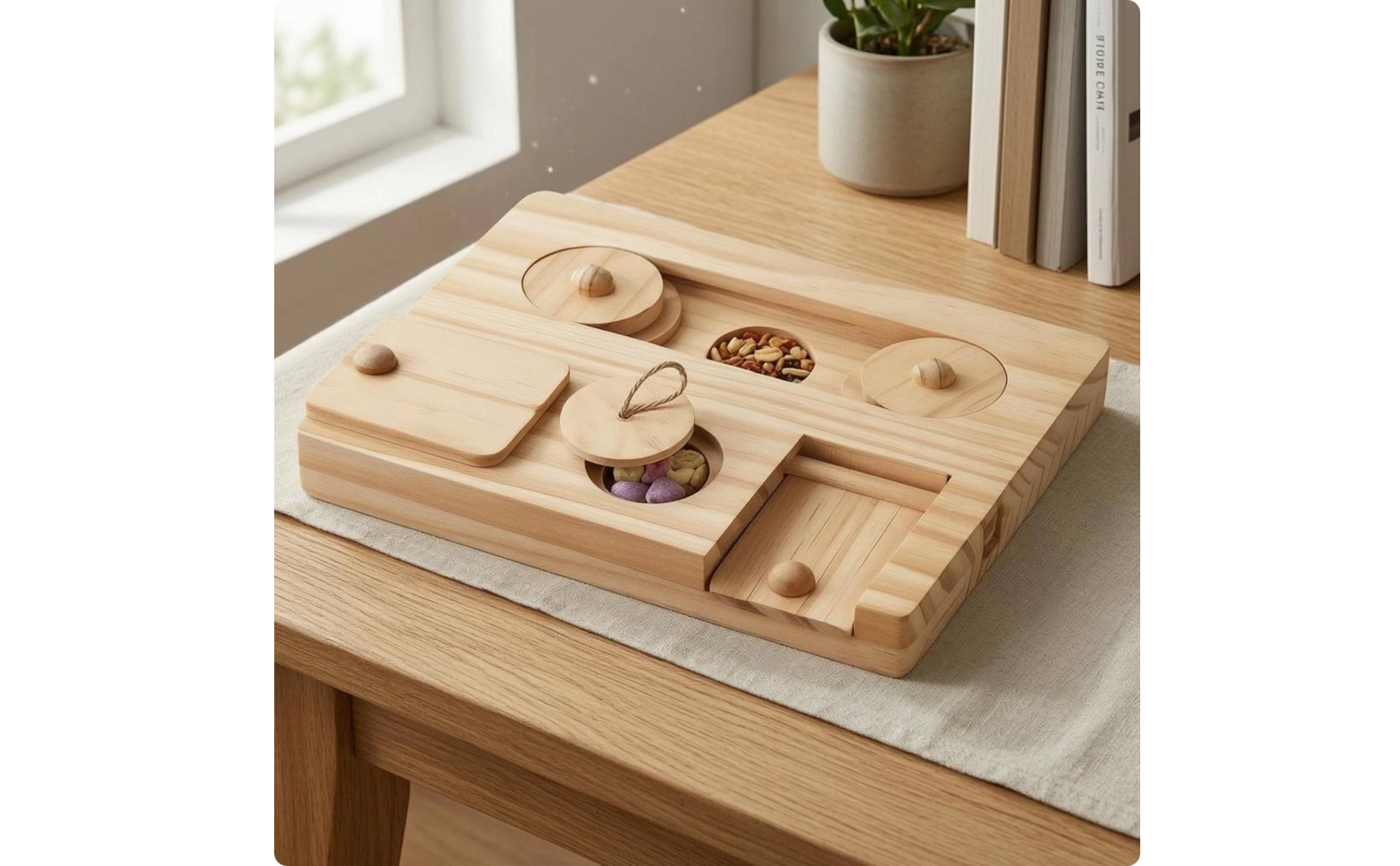 Small-Pet Foraging Tray Recessed Compartments Wooden Brain-Teaser Feeder Natural