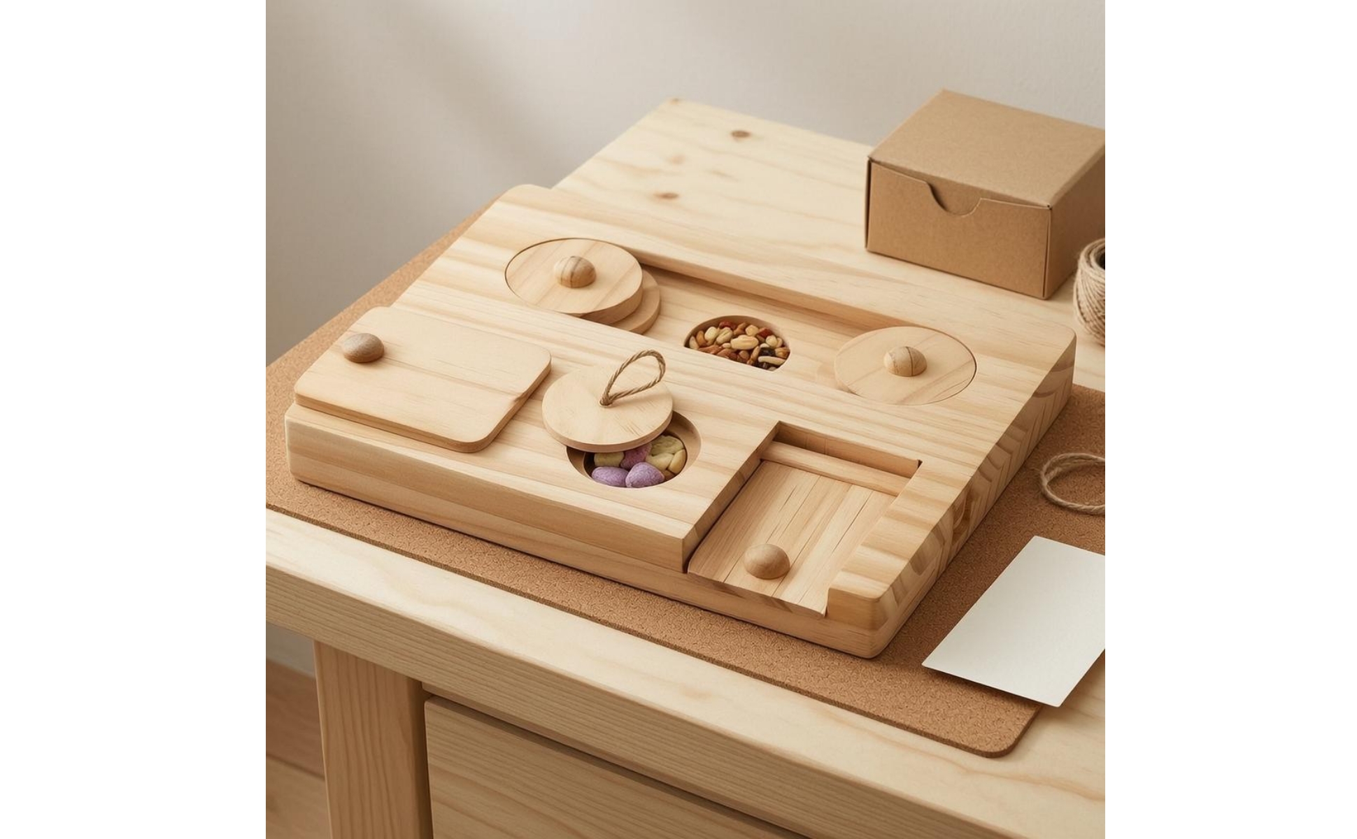 Small-Pet Foraging Tray Recessed Compartments Wooden Brain-Teaser Feeder Natural