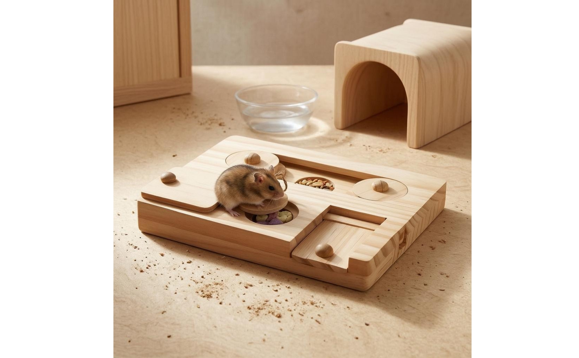 Small-Pet Foraging Tray Recessed Compartments Wooden Brain-Teaser Feeder Natural