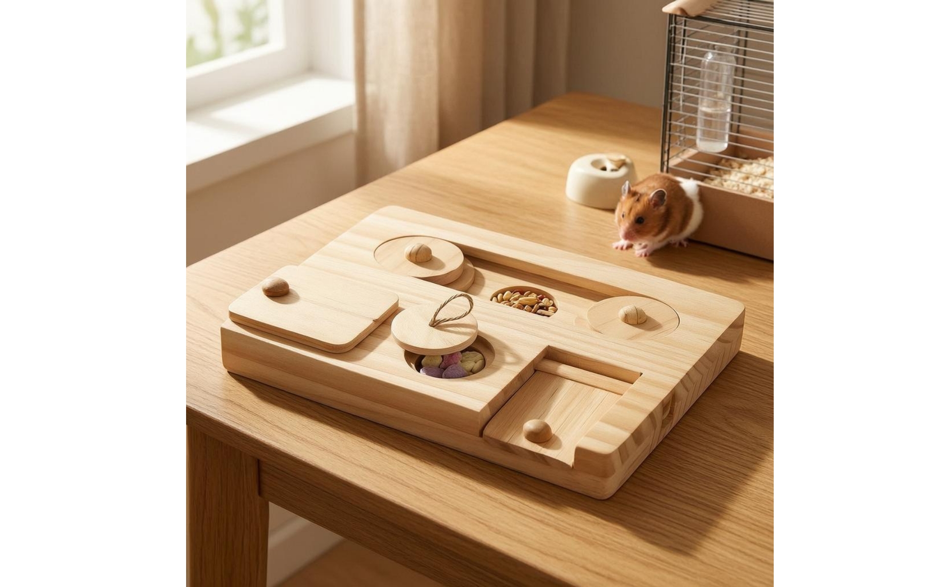 Small-Pet Foraging Tray Recessed Compartments Wooden Brain-Teaser Feeder Natural