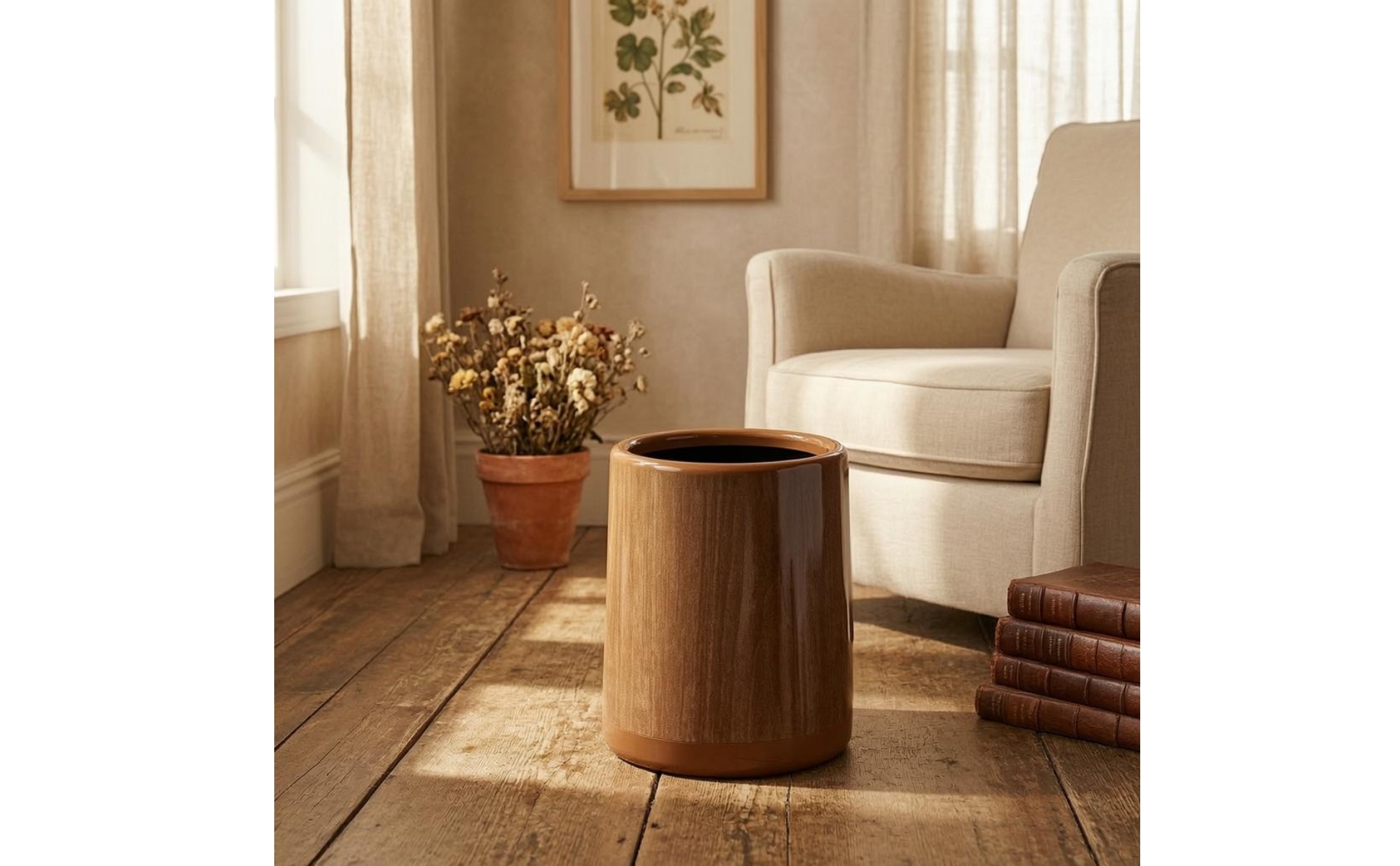 Wood-Grain Trash Can Glossy Wood Grain Trash Can Brown for Home