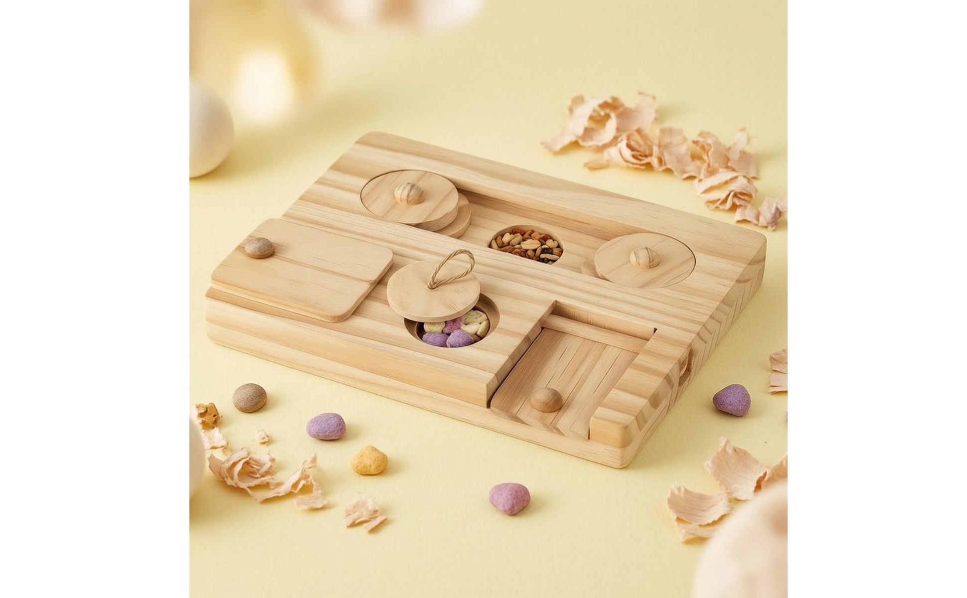 Small-Pet Foraging Tray Recessed Compartments Wooden Brain-Teaser Feeder Natural