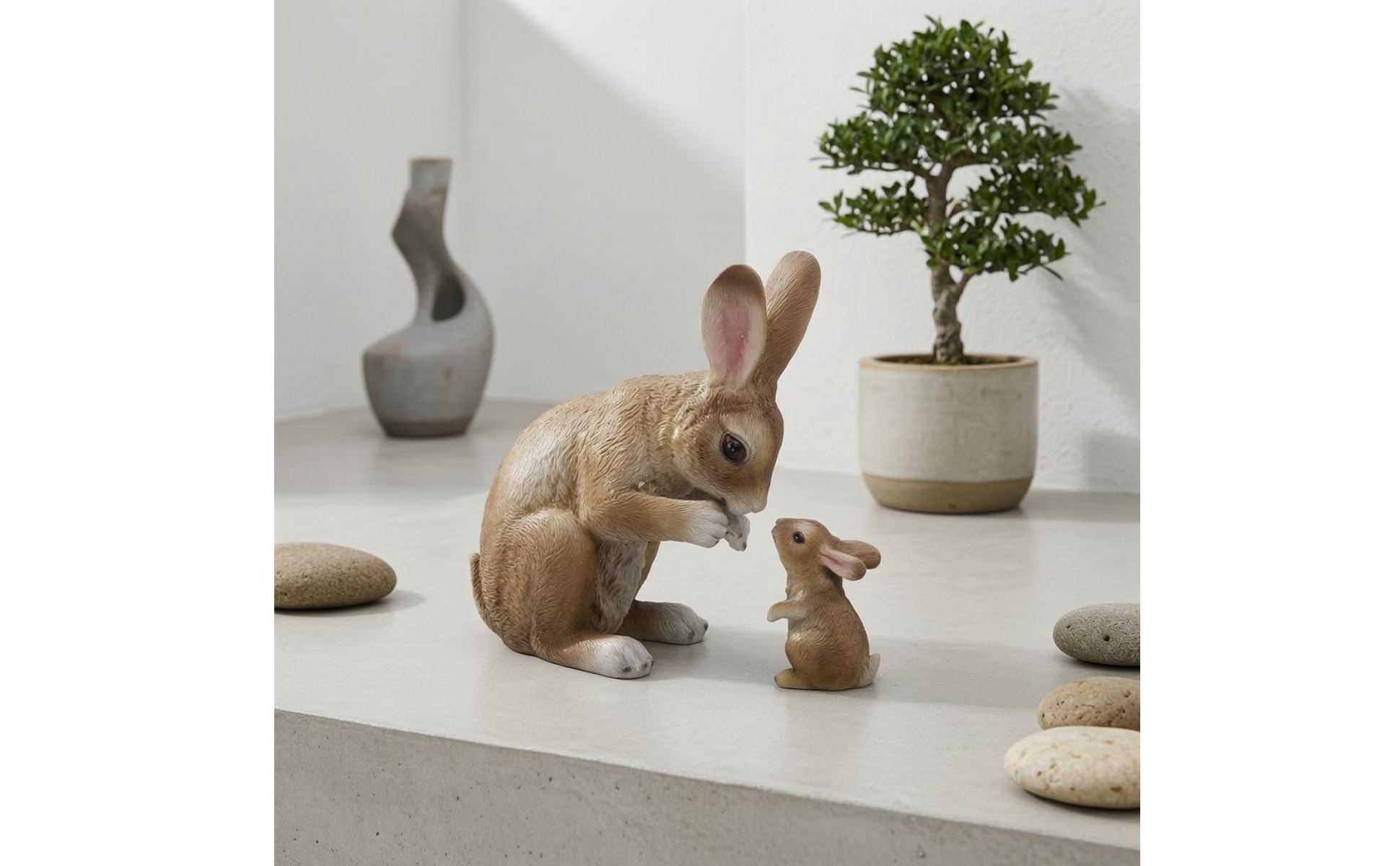Mother and Baby Bunny Statue Molded Texture Two Rabbit Figurine for Balcony