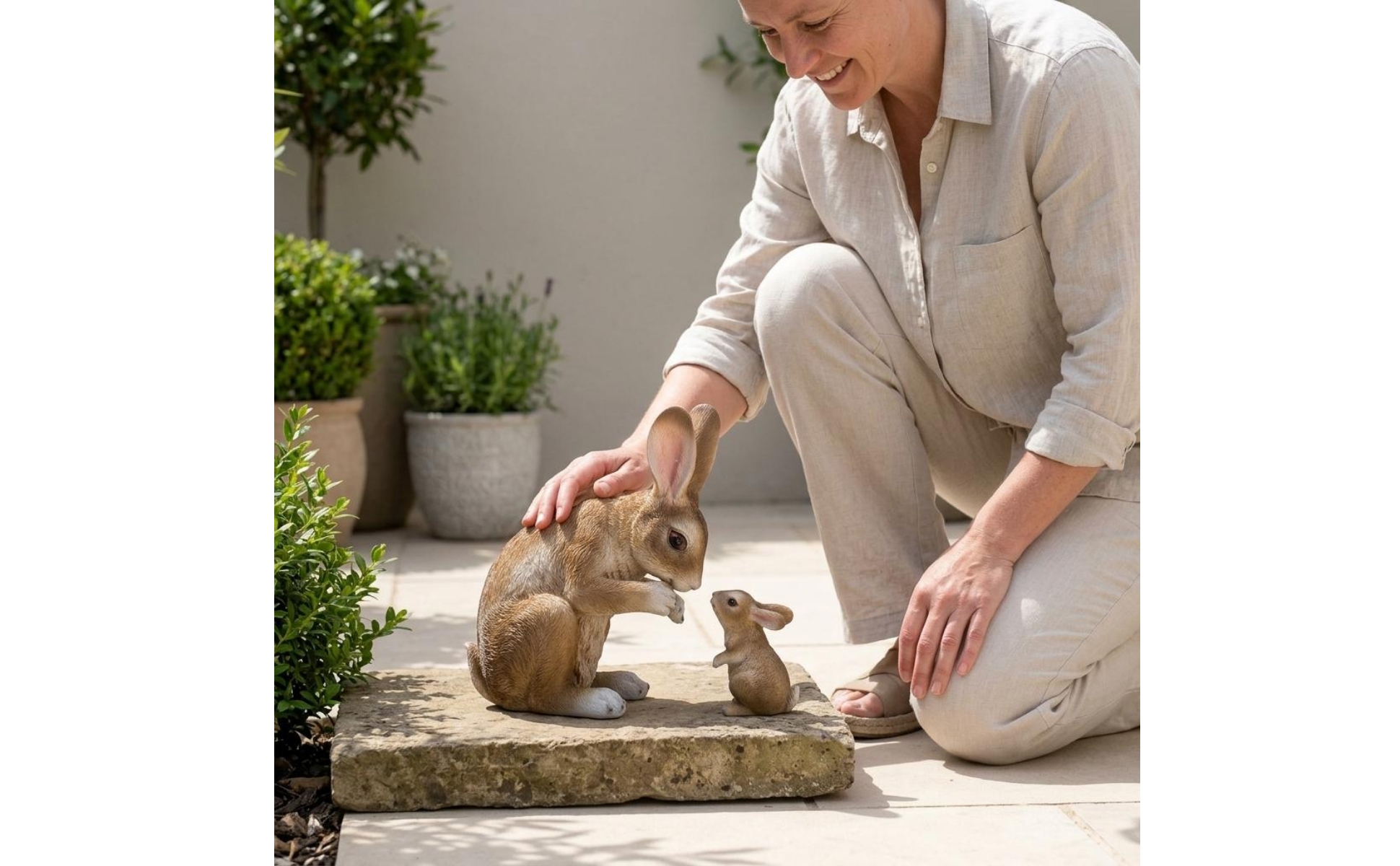 Mother and Baby Bunny Statue Molded Texture Two Rabbit Figurine for Balcony