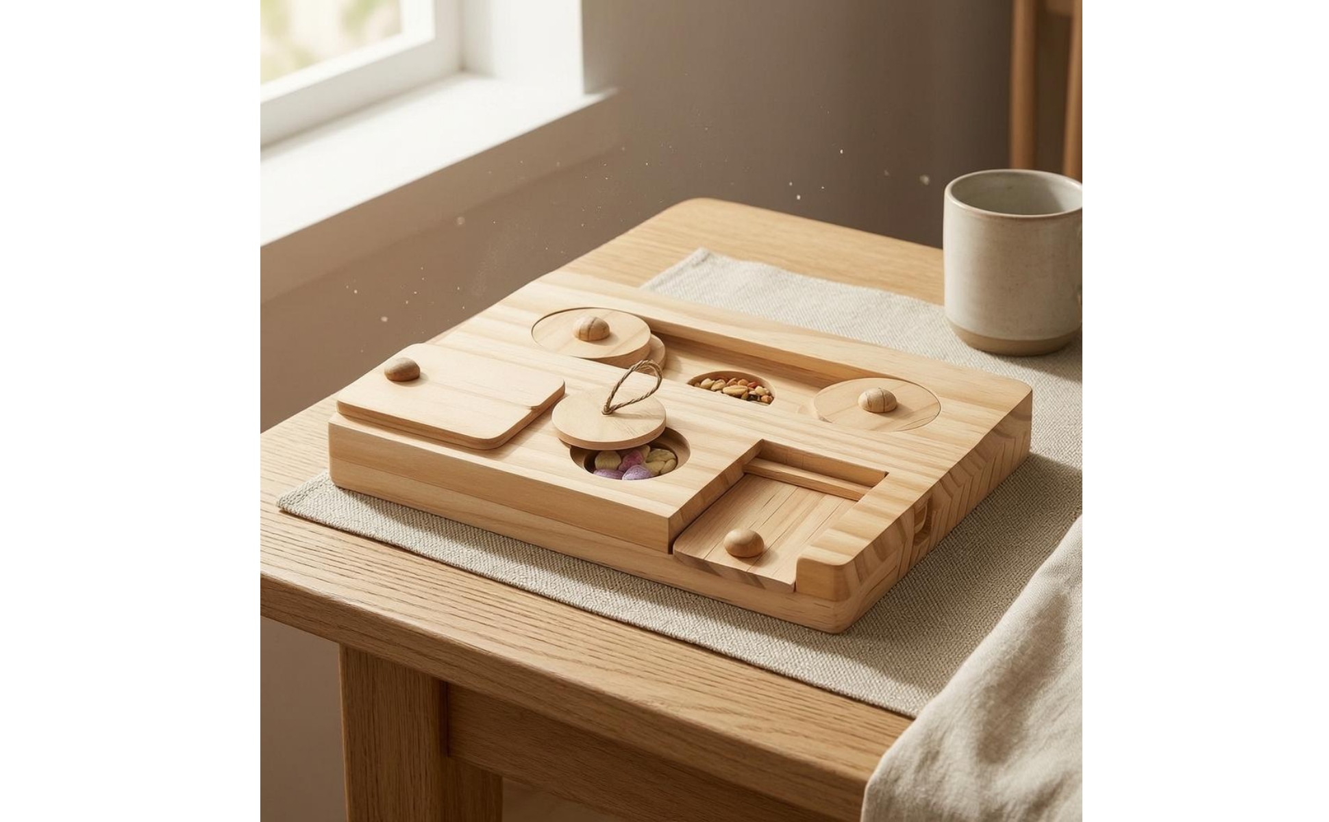 Small-Pet Foraging Tray Recessed Compartments Wooden Brain-Teaser Feeder Natural