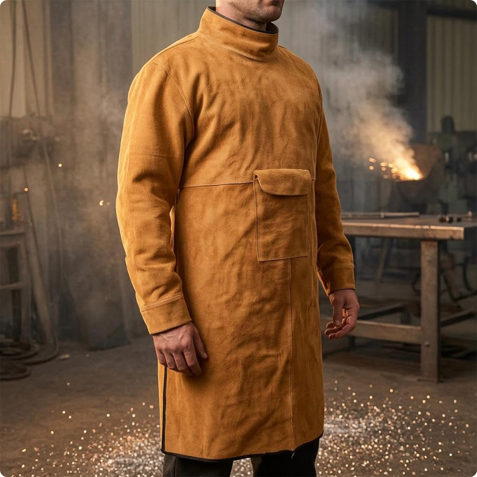 Cowhide Weld Coat High Collar Leather Metalworking Jacket Long Sleeves
