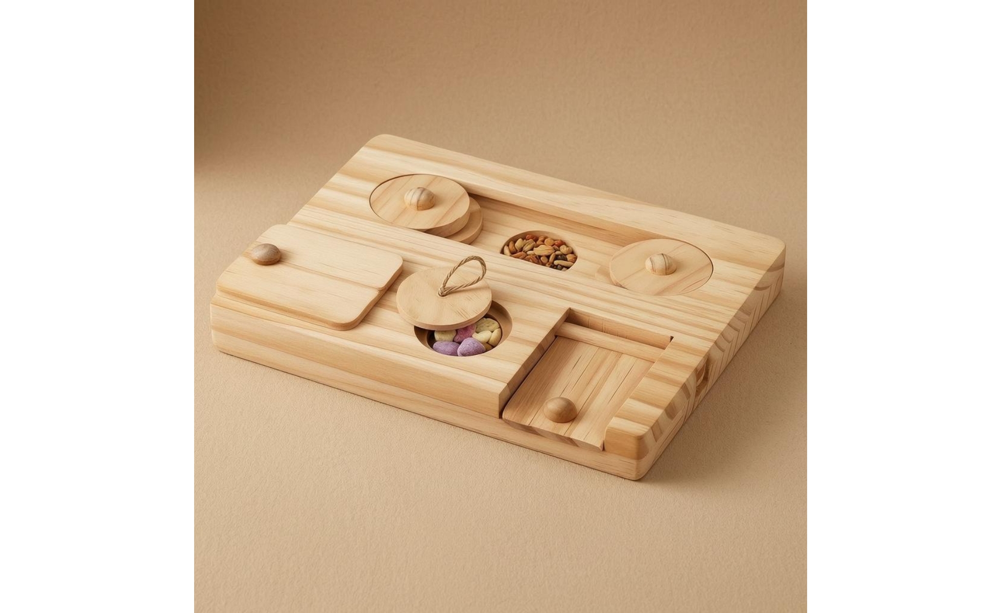 Small-Pet Foraging Tray Recessed Compartments Wooden Brain-Teaser Feeder Natural