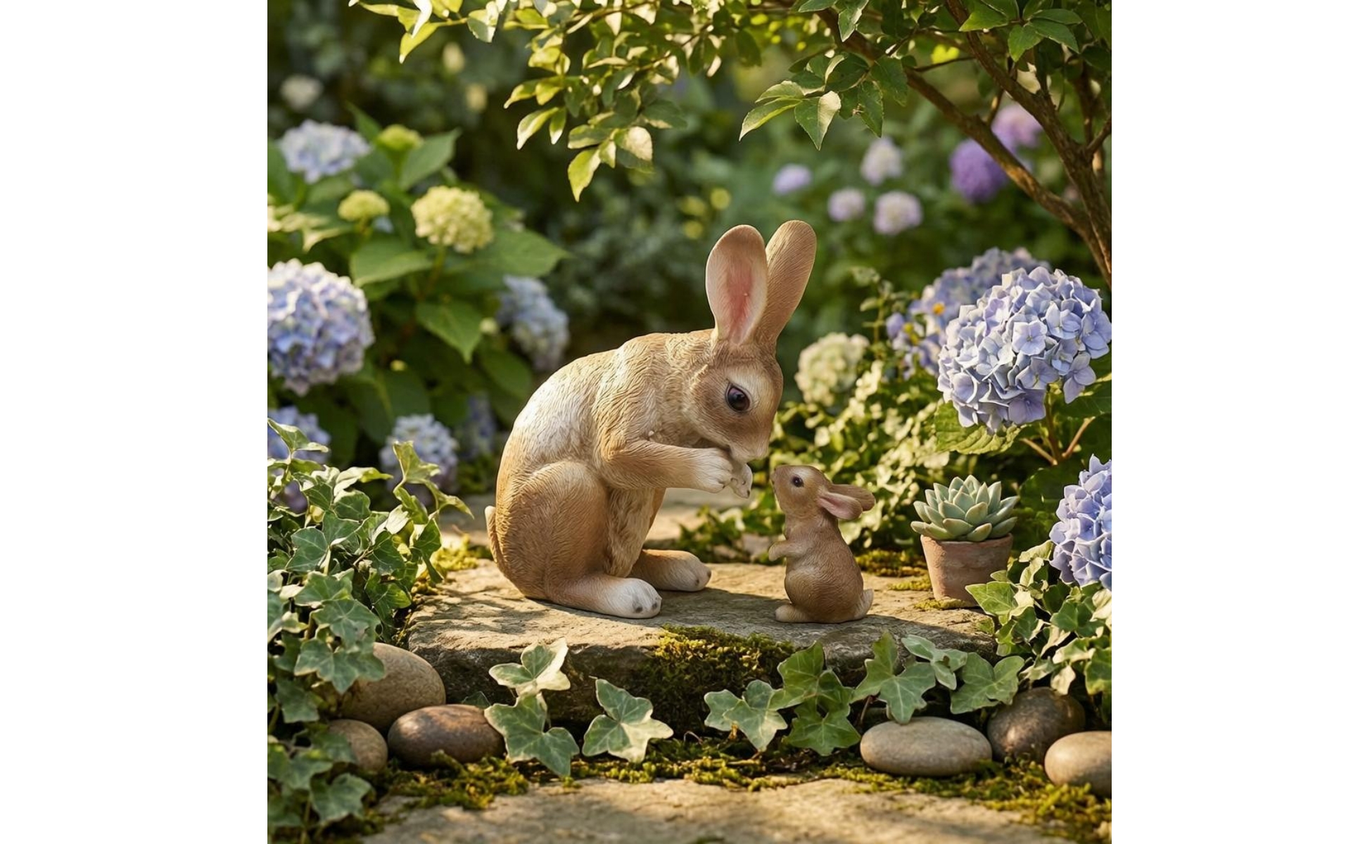 Mother and Baby Bunny Statue Molded Texture Two Rabbit Figurine for Balcony